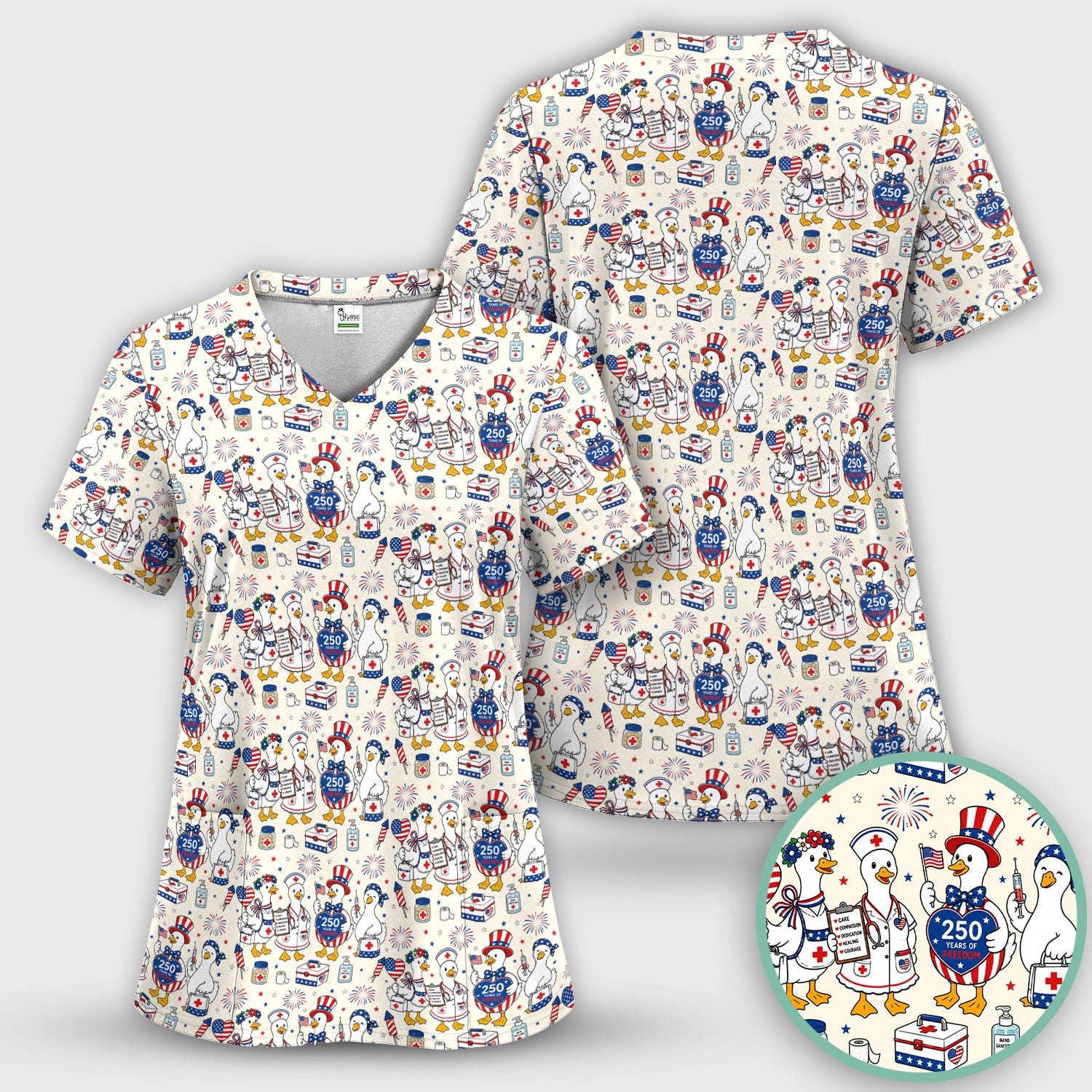 Funny Patriotic Goose Nurse for RN, CNA, Healthcare Workers Scrub Set, Scrub Pants and V Neck Top