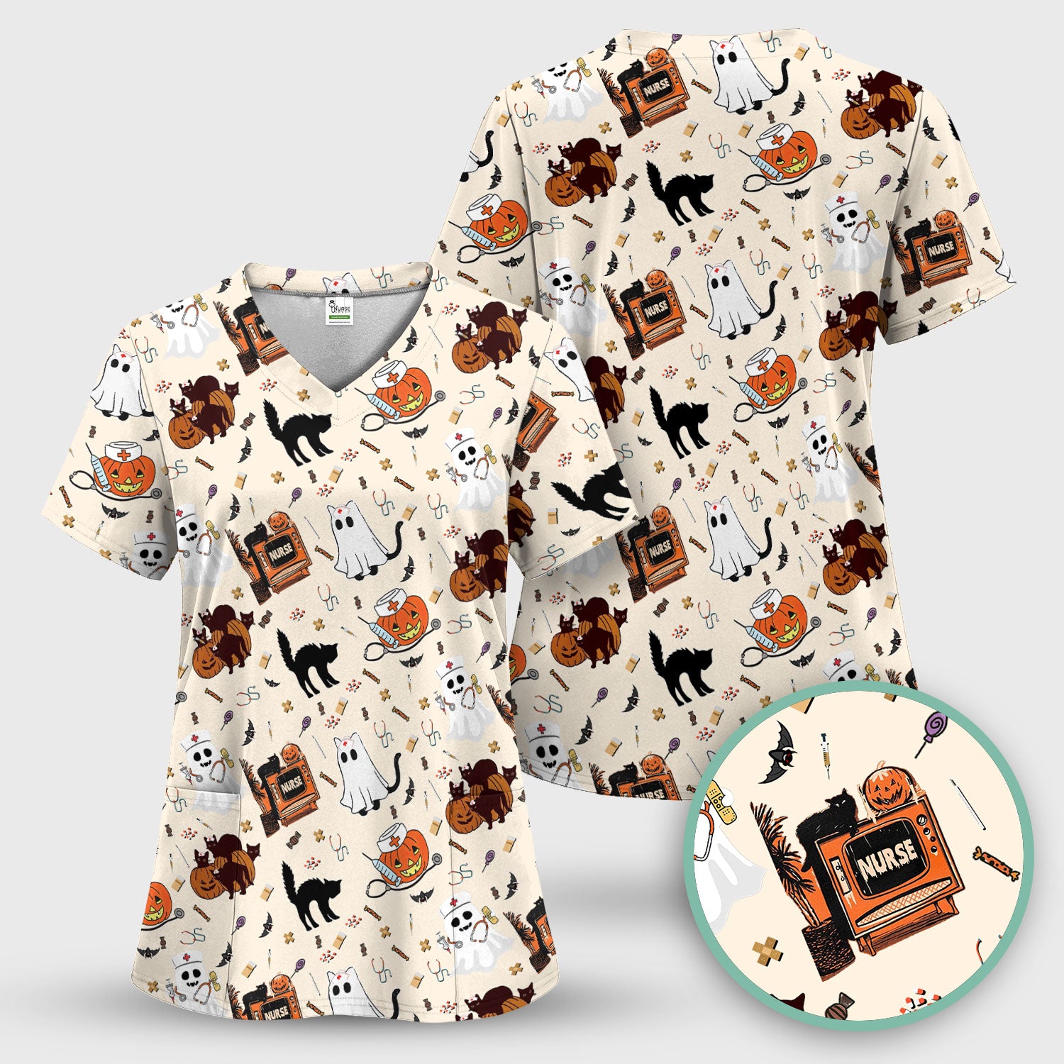 Halloween Scrub Top for Nurse - Cute Pumpkin Ghost Cat Medical Shirt - Spooky Scrubs for Women RN CNA LPN
