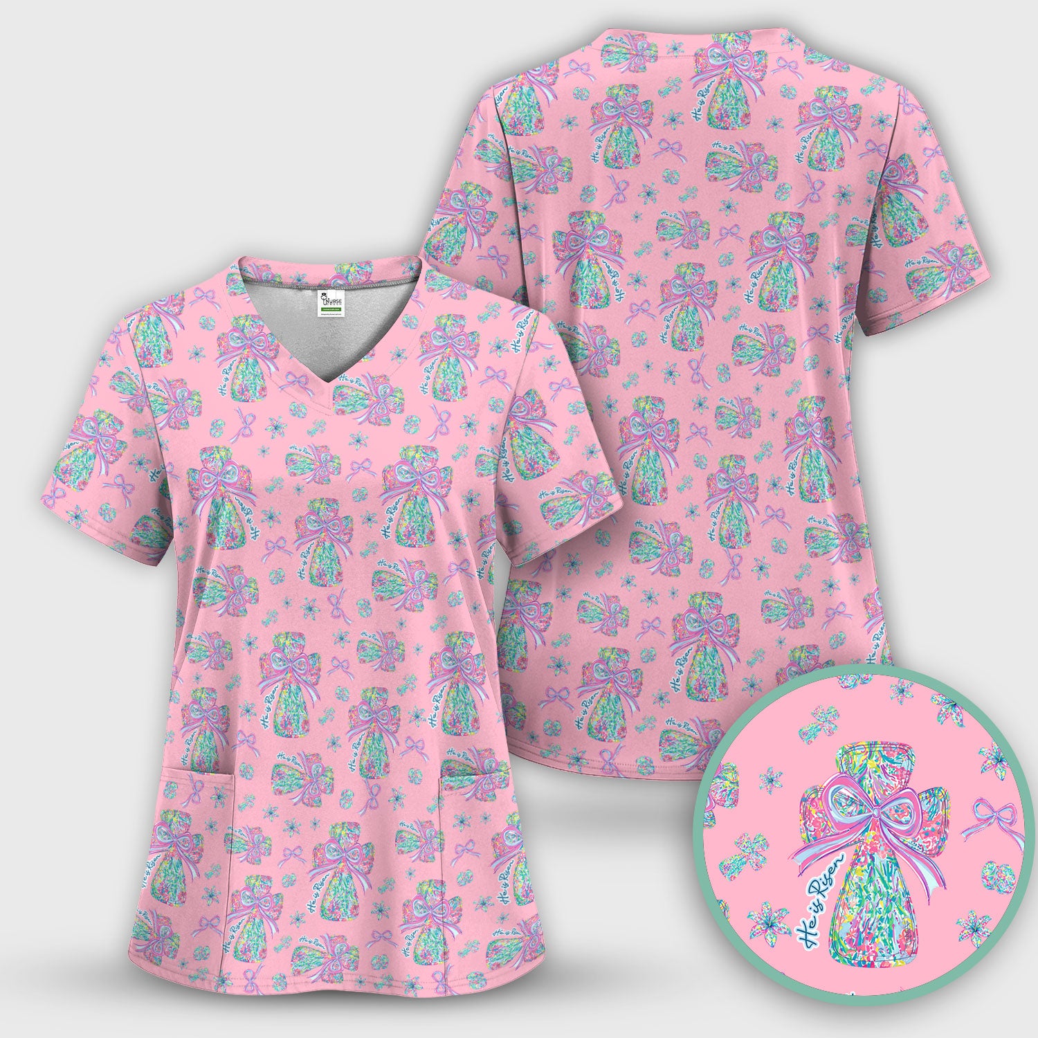 Colorful Bow Pattern Scrub Top, Breathable Fabrics Nursing Uniform