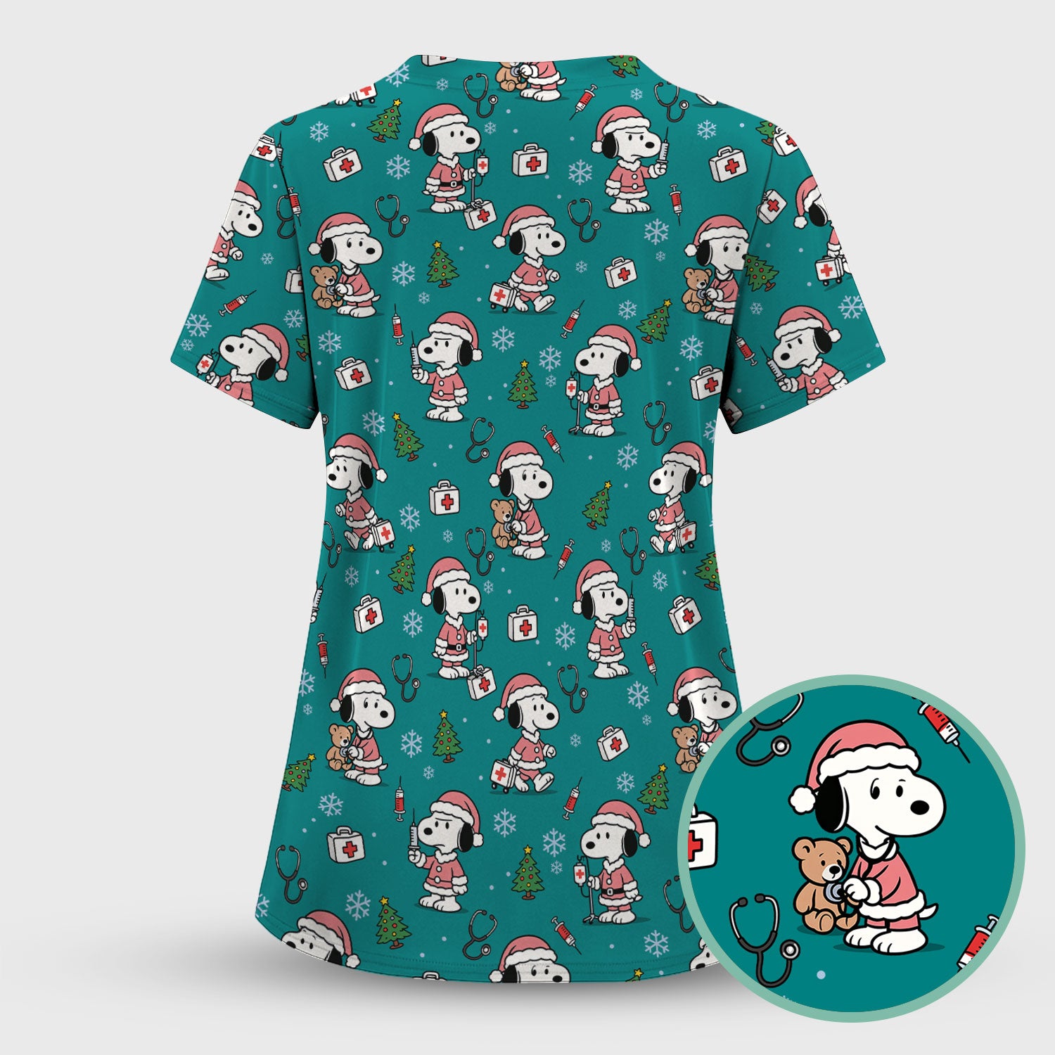 Snoopy Christmas Nurse Scrub Top for Women - Cute Cartoon Holiday Medical Uniform with Pockets - Nursing Gift for RN CNA LPN