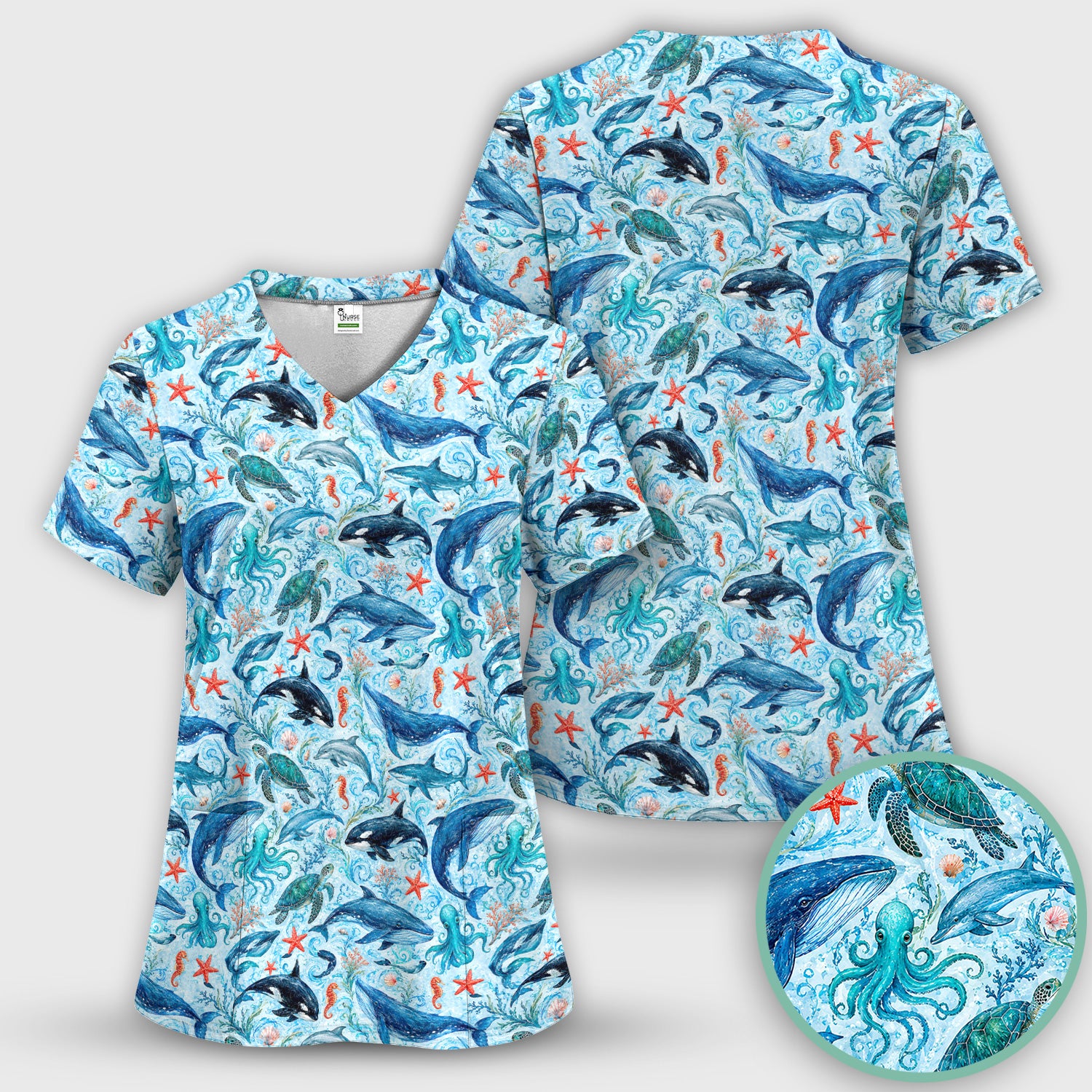 Watercolor Ocean Wildlife Scene Pattern Scrub Top, Comfortable Scrubs for Nurses
