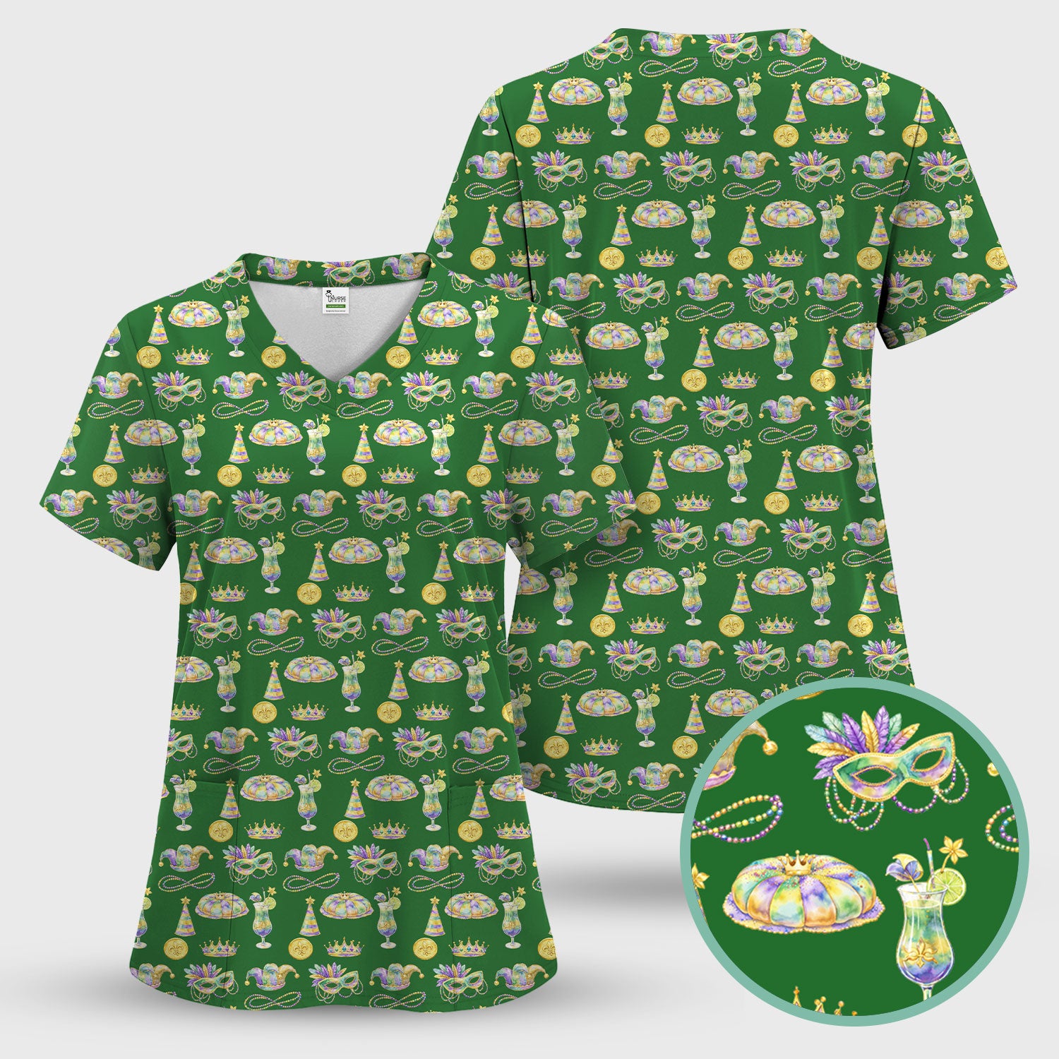 Mardi Gras Mask Scrub Set, Elegant Carnival Pattern Nurse Shirt For Women, Breathable Fabrics Nursing Uniform