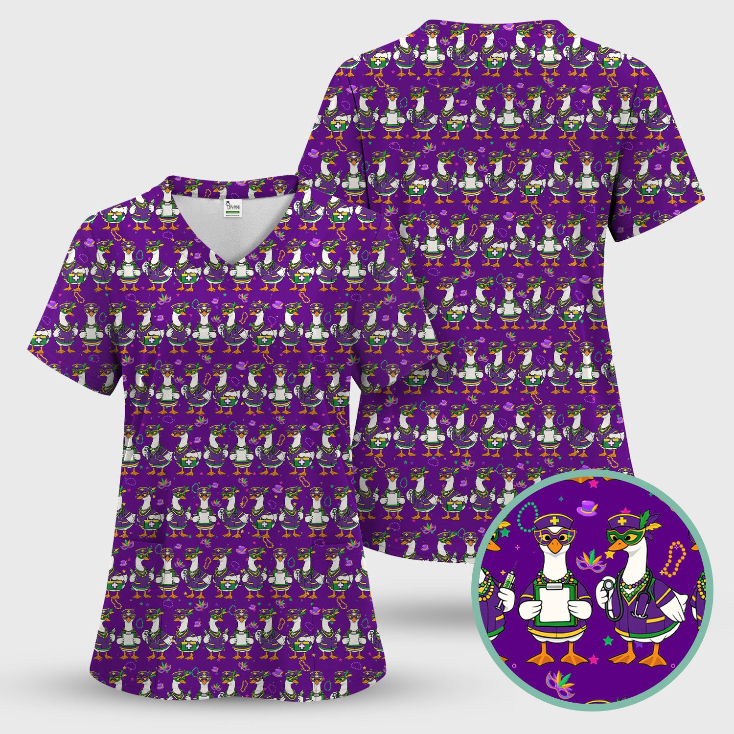 Mardi Gras Nurse Goose Scrub Set, Purple Carnival Parade Medical Pattern Nurse Shirt, Breathable Fabrics Nursing Uniform