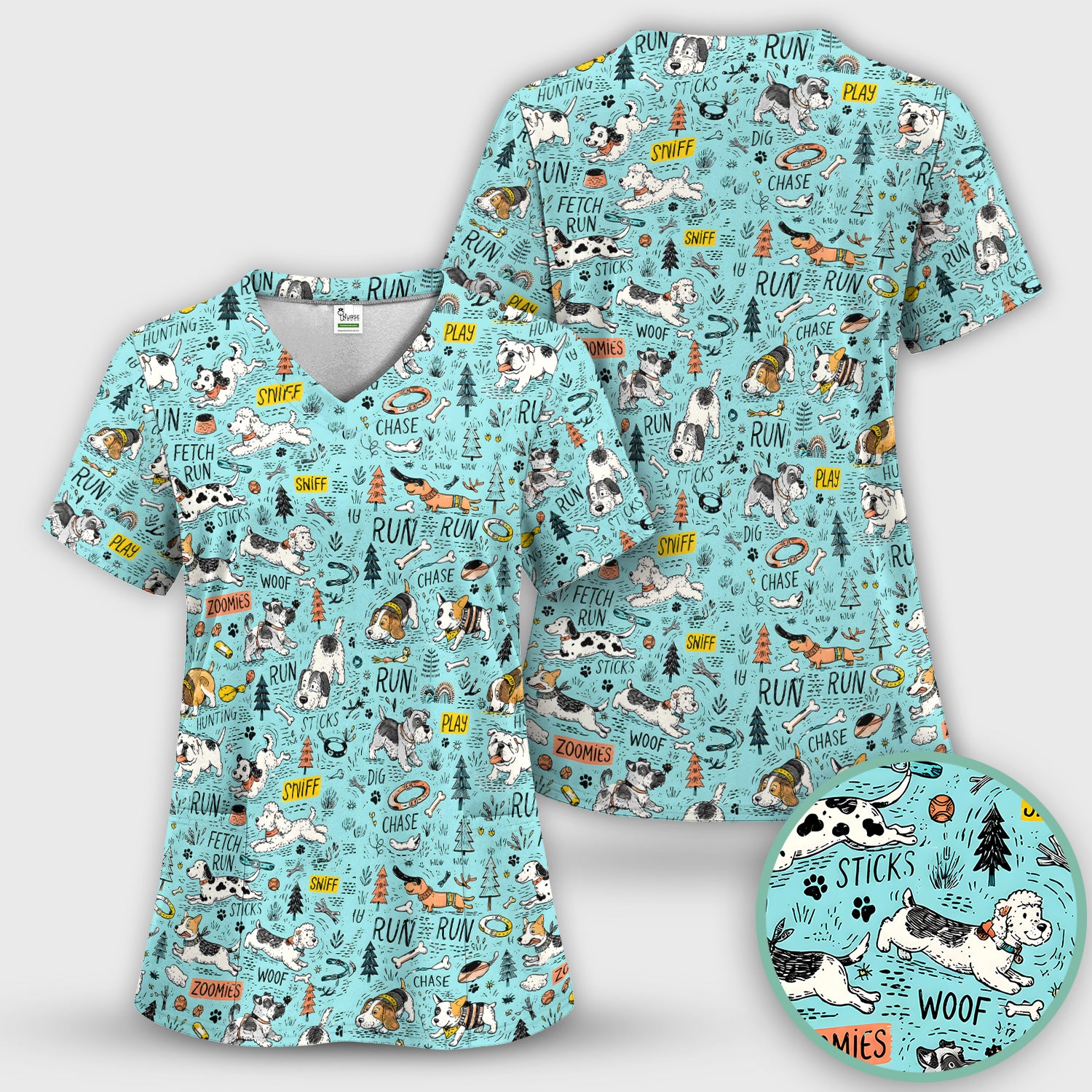 Playful Cartoon Puppy Adventure Pattern Scrub Top, Comfortable Scrubs for Nurses