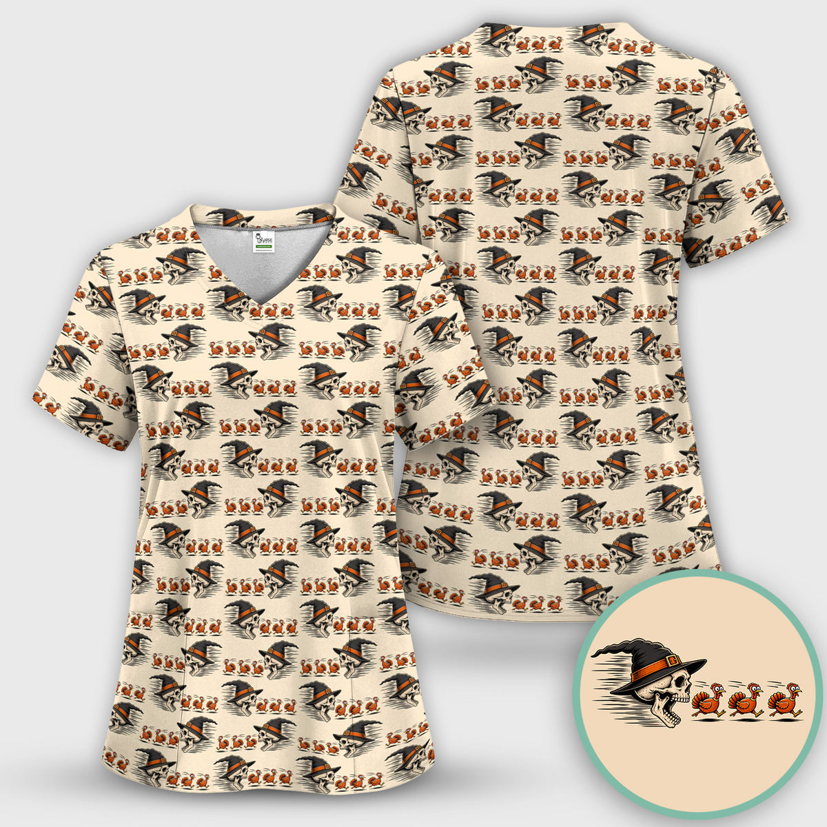 Funny Thanksgiving Skull Chasing Turkeys Pattern Scrub Top, Comfortable Scrubs for Nurses