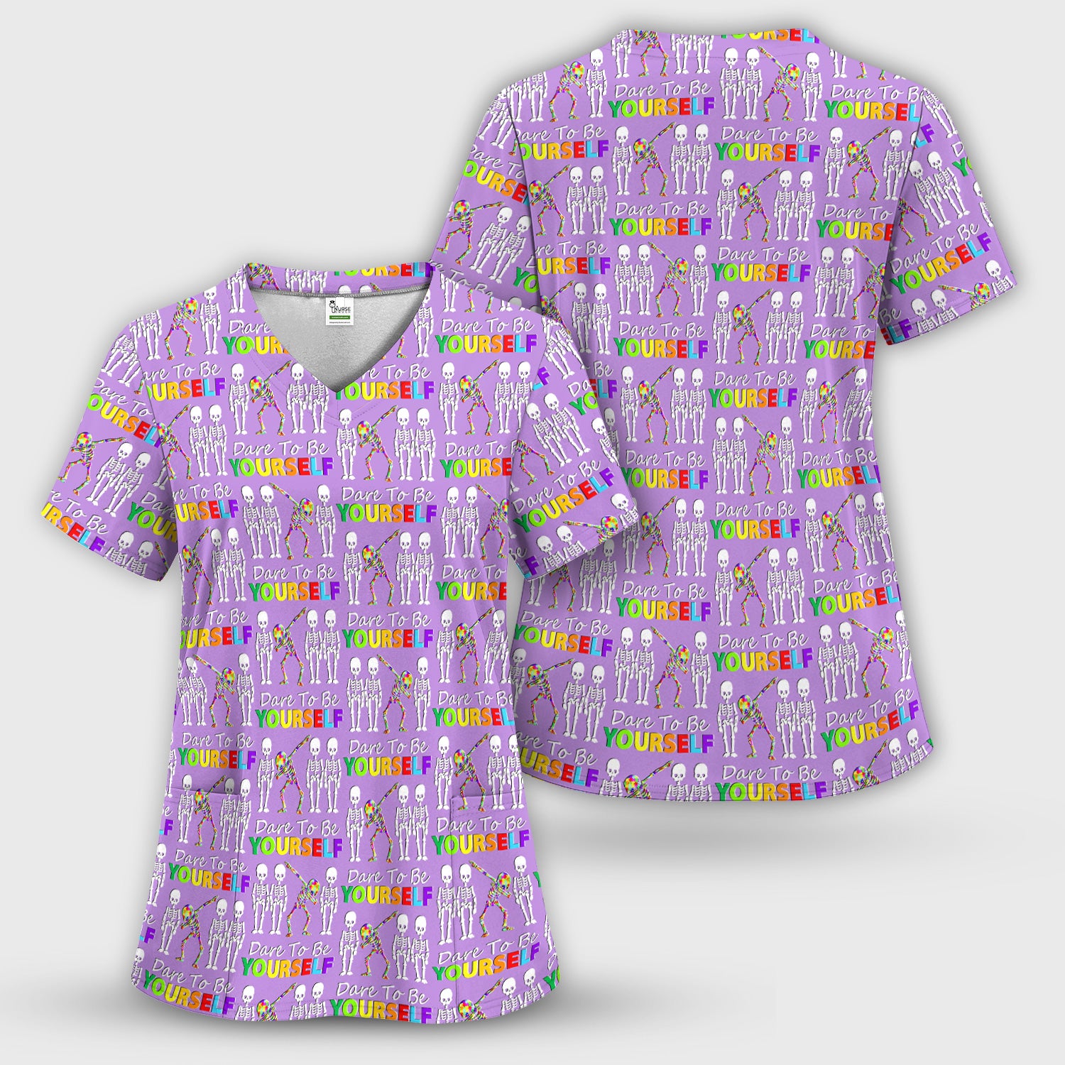 Rainbow Skeleton Dare To Be Yourself Pattern Scrubs Top, Comfortable Scrubs for Nurses