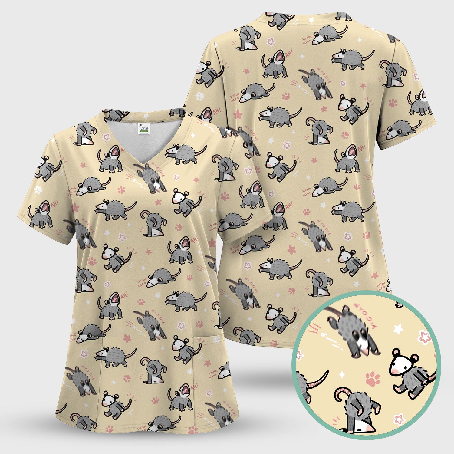 Playful Cartoon Opossum Character Pattern Scrub Top, Breathable Fabrics Nursing Uniform