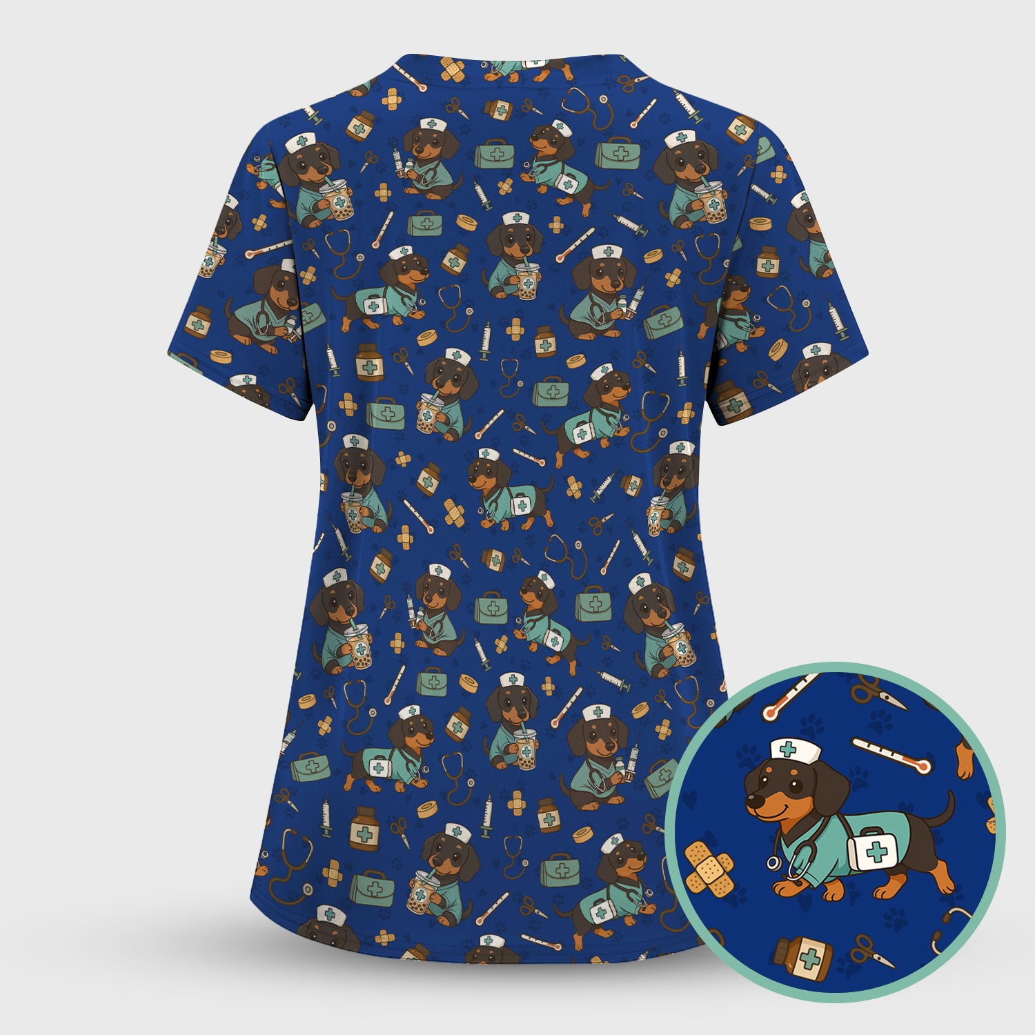 Funny Dachshund Nurse Scrubs - Cute Dog Print Medical Shirt - Holiday Nurse Scrub Top Gift for RN CNA Doctor, Women & Men