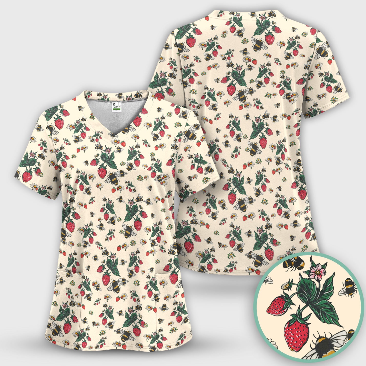 Cute Strawberry Bee Daisy Floral Pattern Scrub Set, Scrub Pants and V Neck Top
