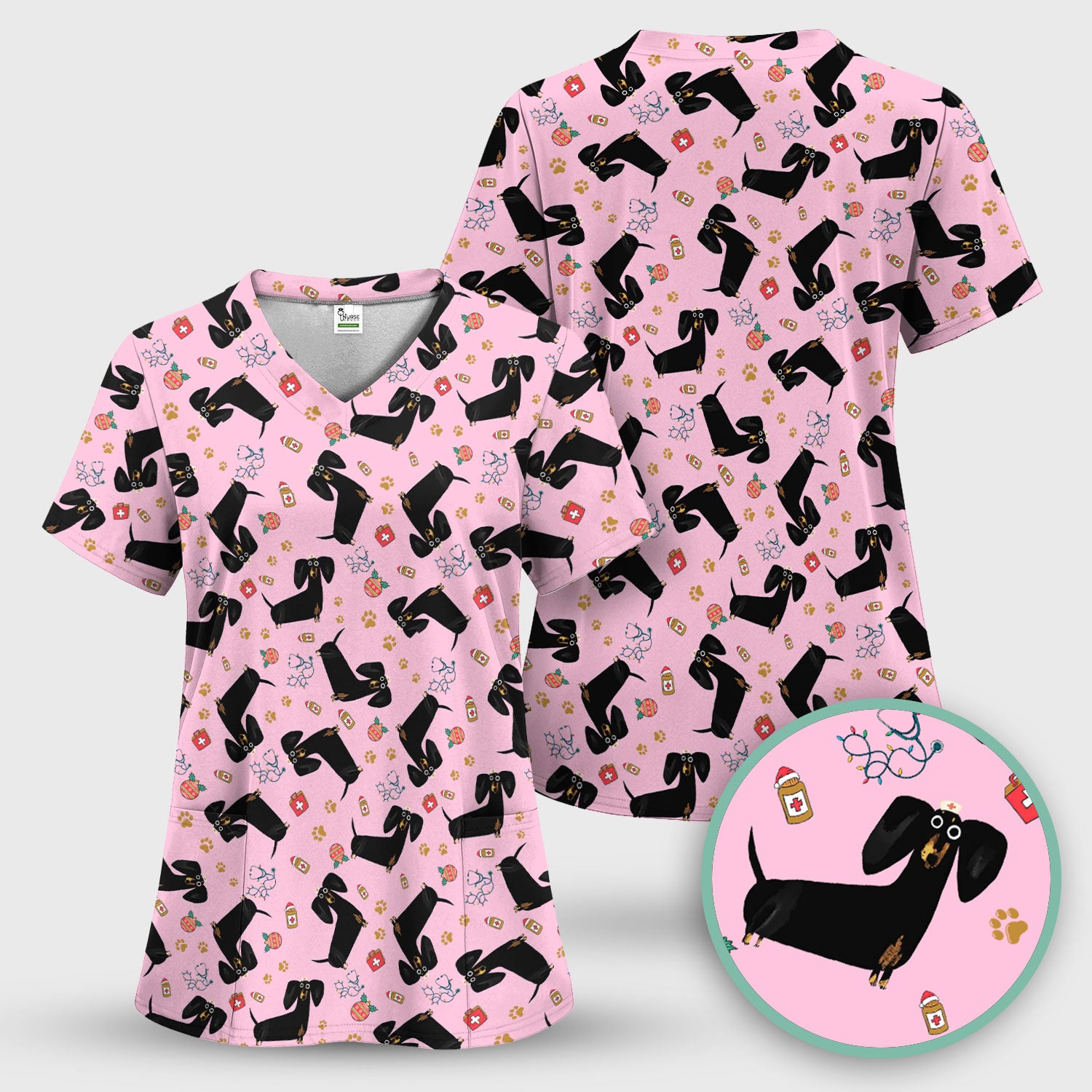Funny Black Dachshund Scrub Top for Nurses - Cute Wiener Dog Medical Shirt - Puppy Lover Nursing Gift for Women