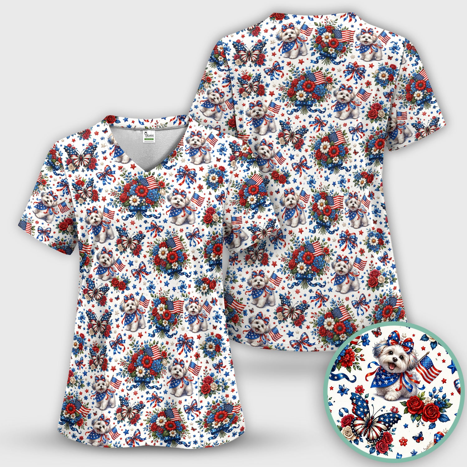 Patriotic Puppy Floral Bouquet Pattern Scrub Top, Comfortable Scrubs for Nurses