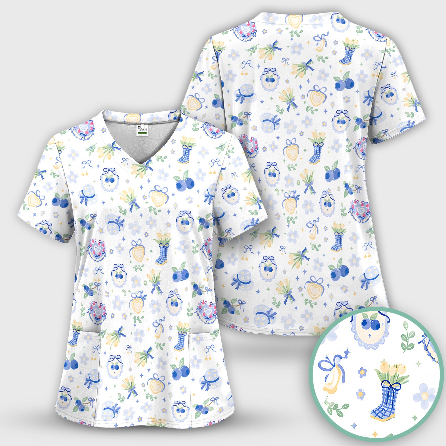 Cute Blueberry Bow Print Scrub Set, Scrub Pants and V Neck Top