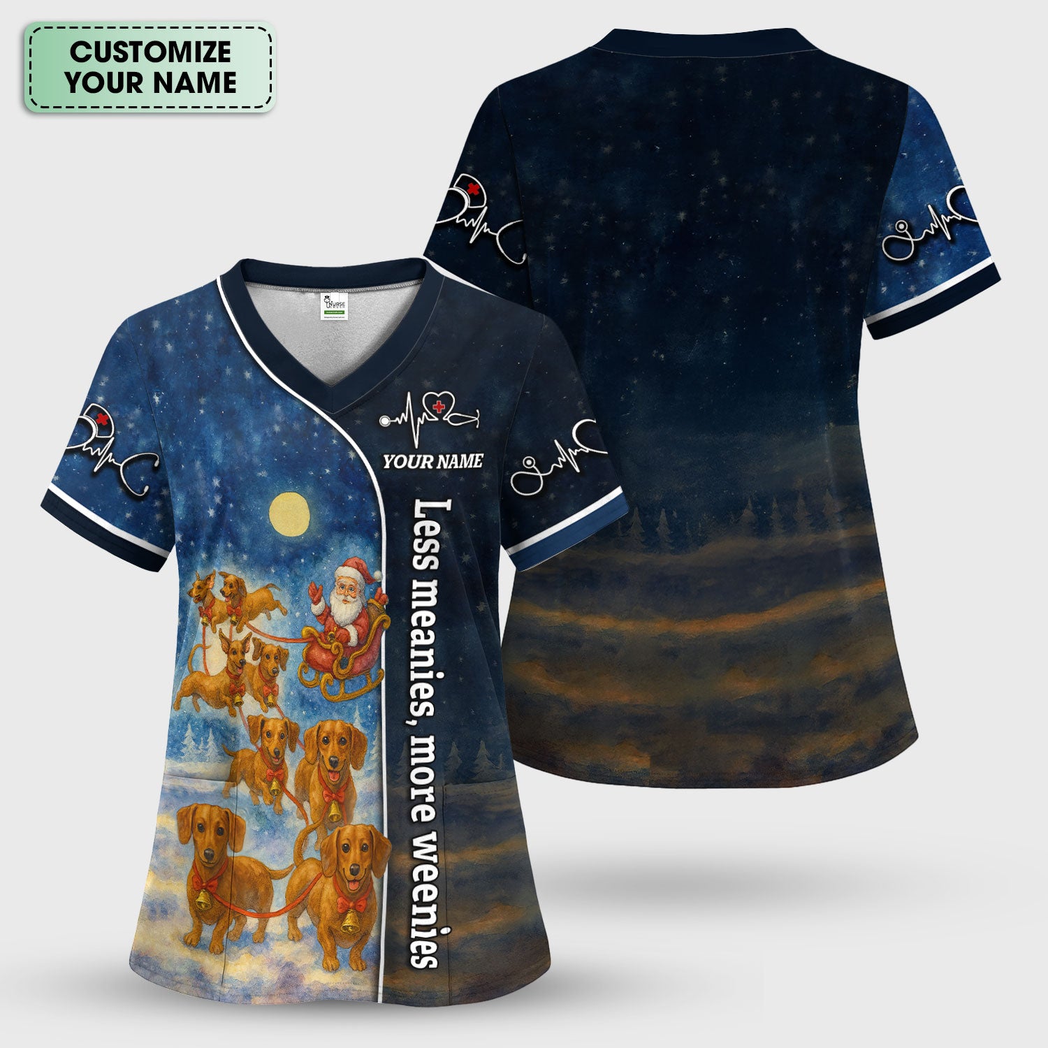Christmas Dachshund Scrubs for Nurses - Funny Dog Scrub Top - Less Meanies More Weenies Custom Name Nursing Shirt
