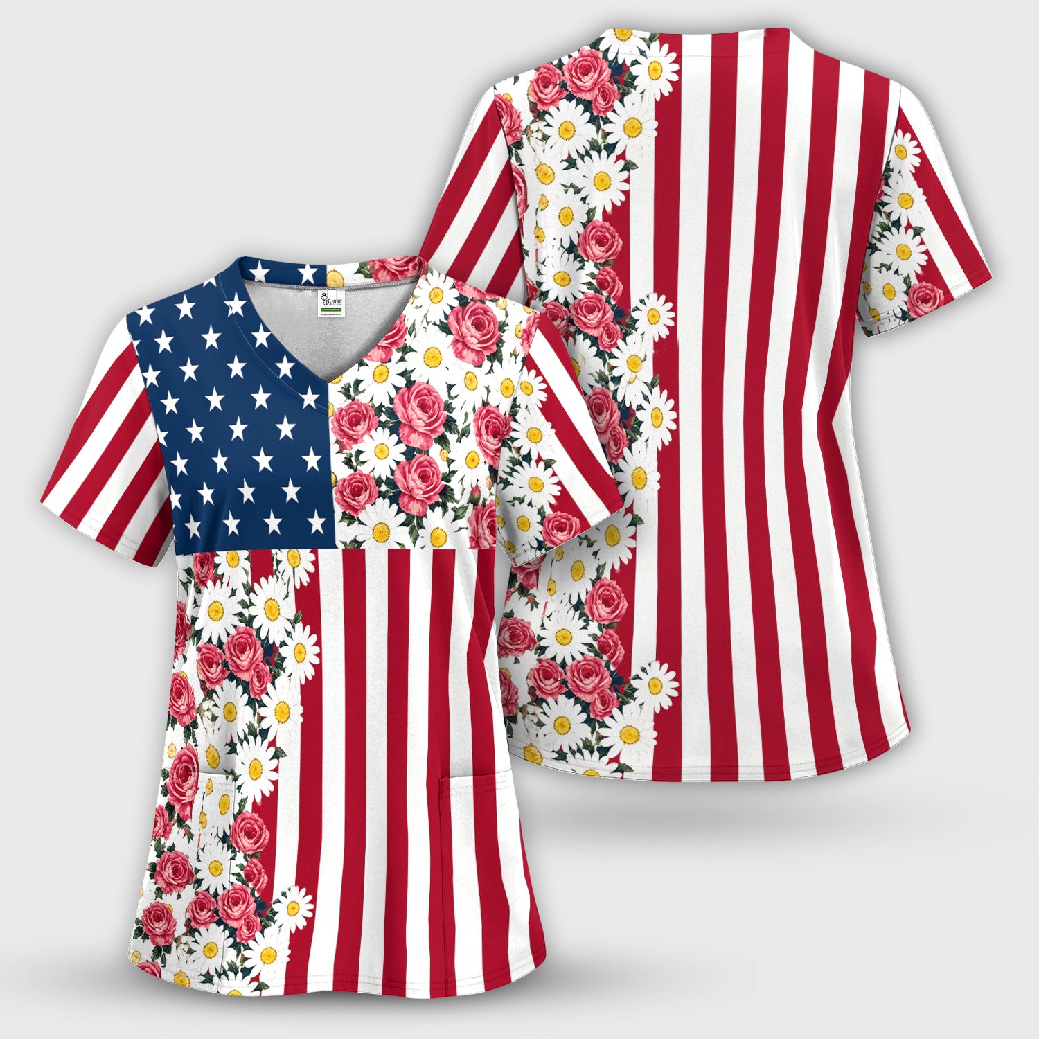 Floral American Flag Nurse Scrub Top for RN, CNA, Healthcare Workers, Patriotic Uniform Scrub Top, Comfortable Scrubs for Nurses