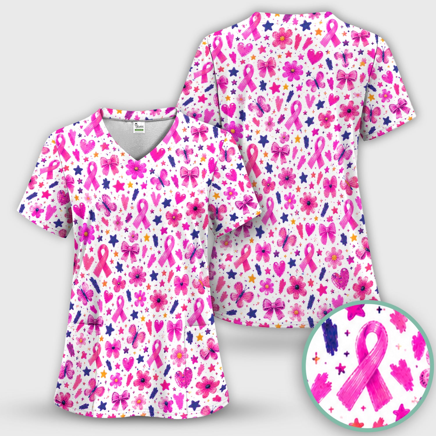 Pink Ribbon Floral Pattern Scrub Top, Comfortable Scrubs for Nurses