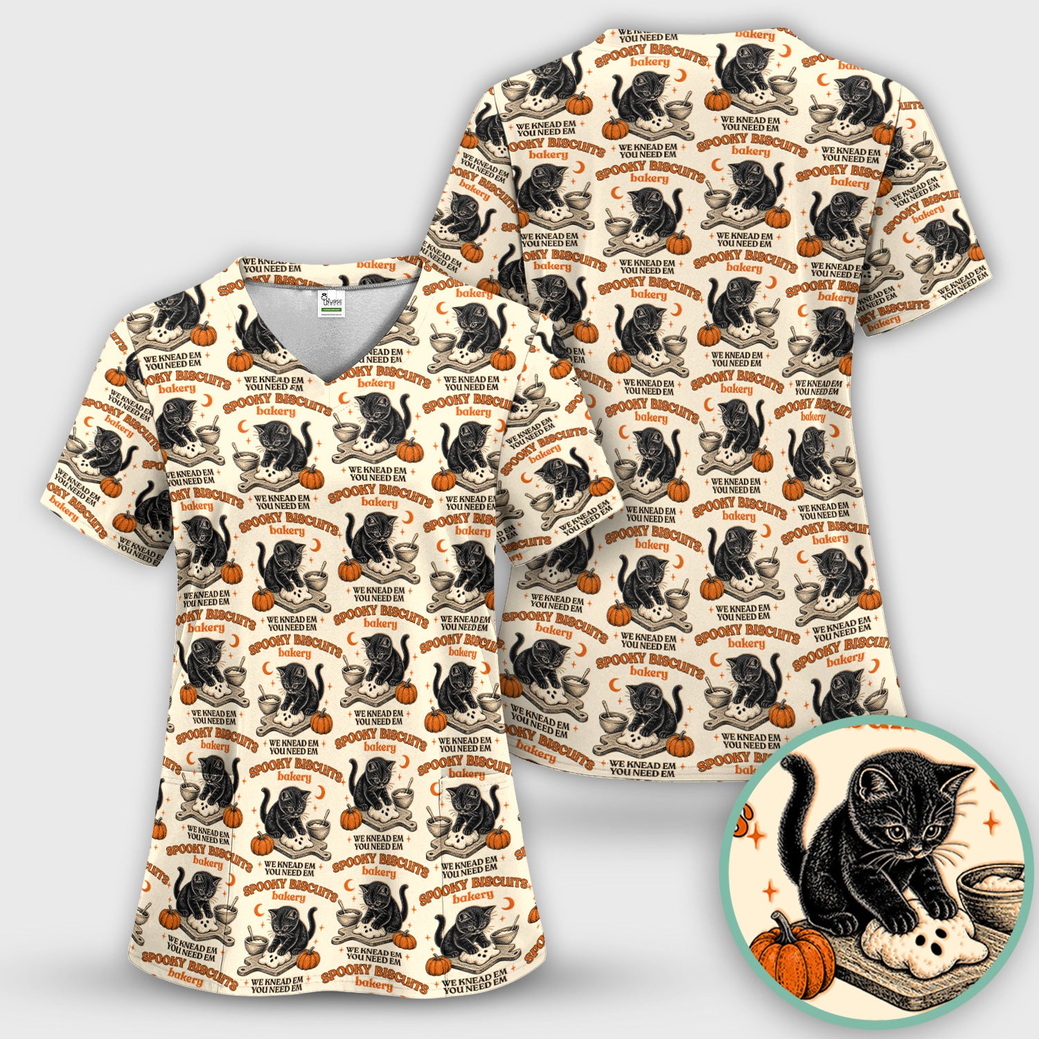 Funny Halloween Black Cat Scrub Top, Comfortable Scrubs for Nurses