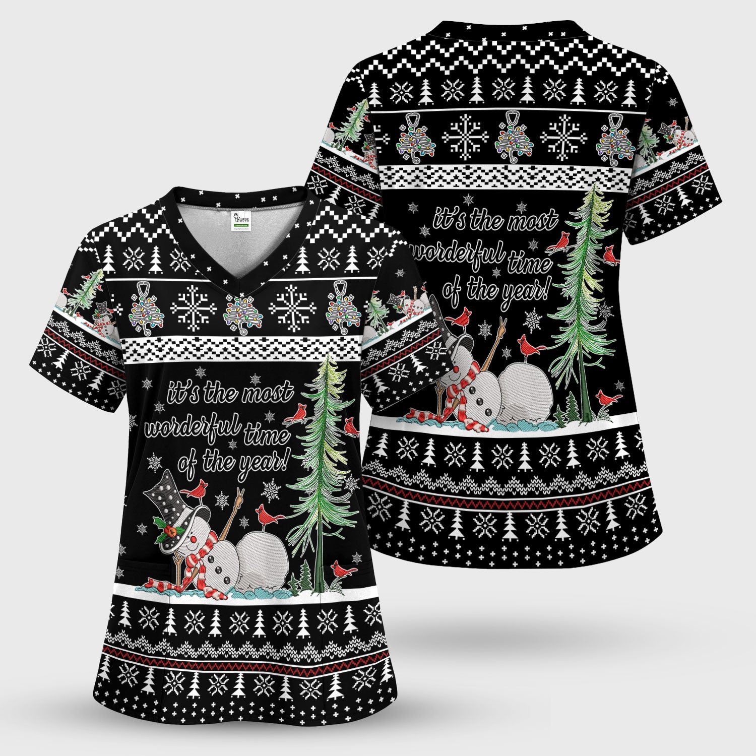 Snowman Christmas Scrub Top, Funny Holiday Nurse Shirt, It's The Most Wonderful Time Of The Year Uniform FOr Nursing