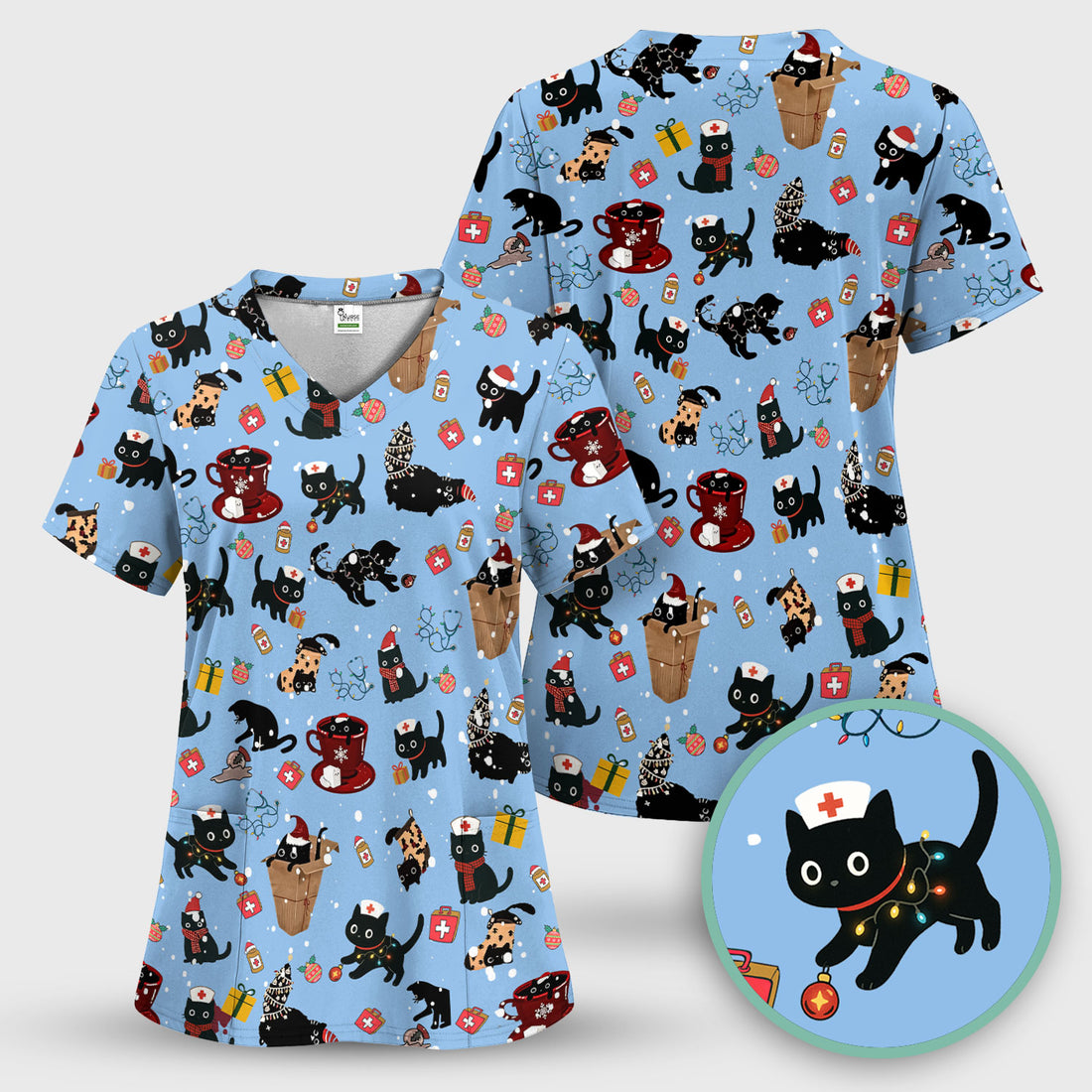 Christmas Cat Scrub Top for Nurse - Funny Black Cats Shirt - Cute Holiday Medical Uniform for Women