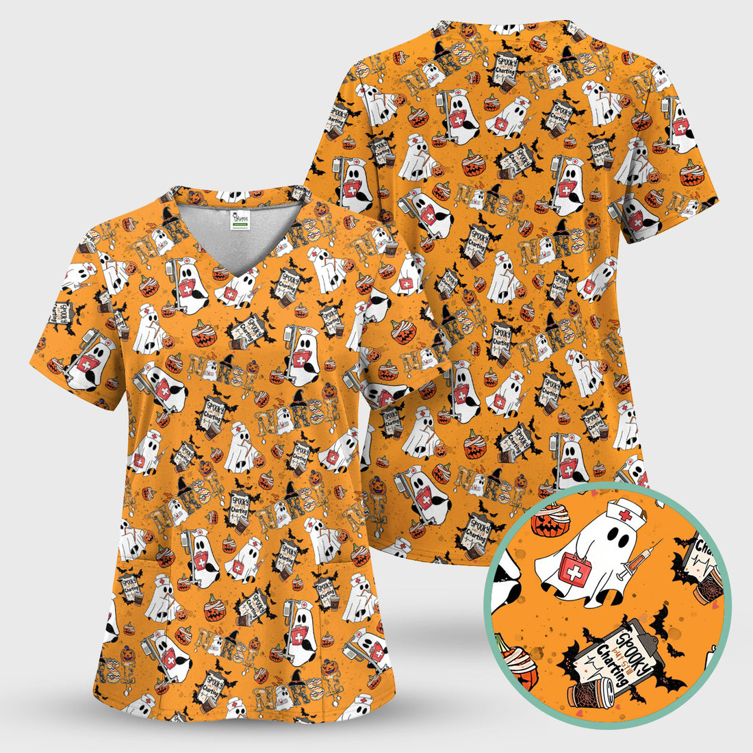 Halloween Scrub Top - Spooky But Still Charting - Funny Scrubs for Nurses - Horror Pumpkin Nursing Uniform