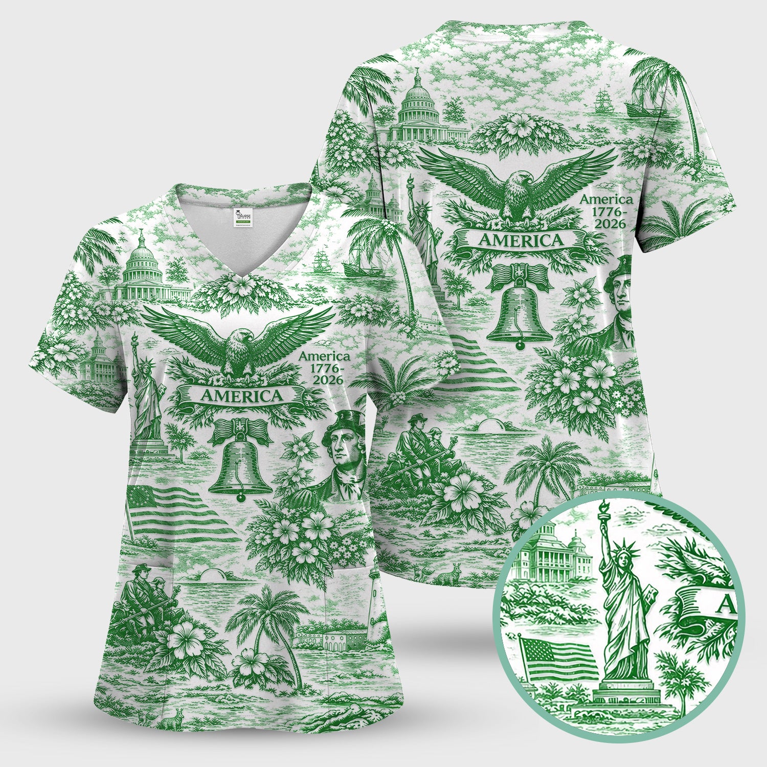 Patriotic America Heritage Toile Pattern Scrub Top, Breathable Fabrics Nursing Uniform