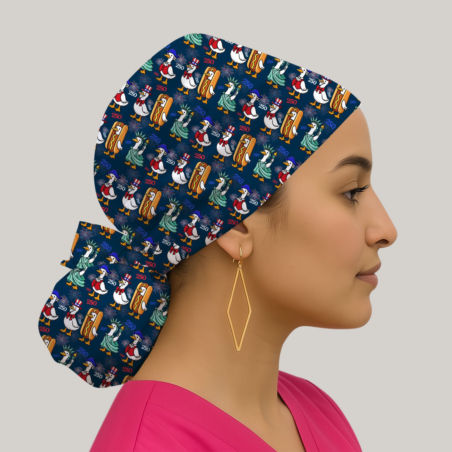 Patriotic Duck Independence Day Pattern Print Cap, Bouffant Scrub Caps for Women