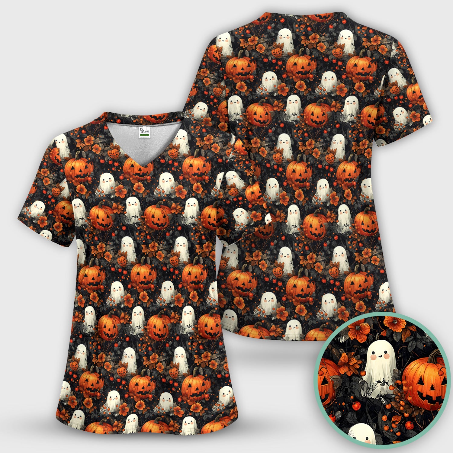 Spooky Halloween Ghost And Pumpkin Pattern Scrub Top, Comfortable Scrubs for Nurses