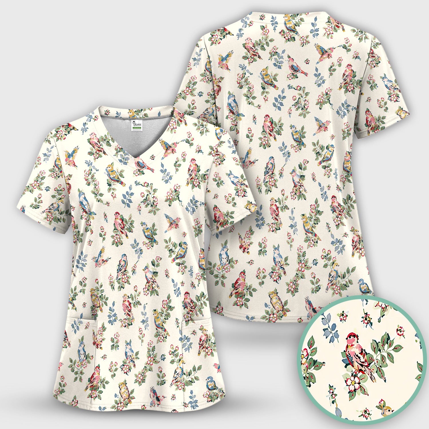 Cute Vintage Birds Blossom Pattern Scrub Top, Comfortable Scrubs for Nurses