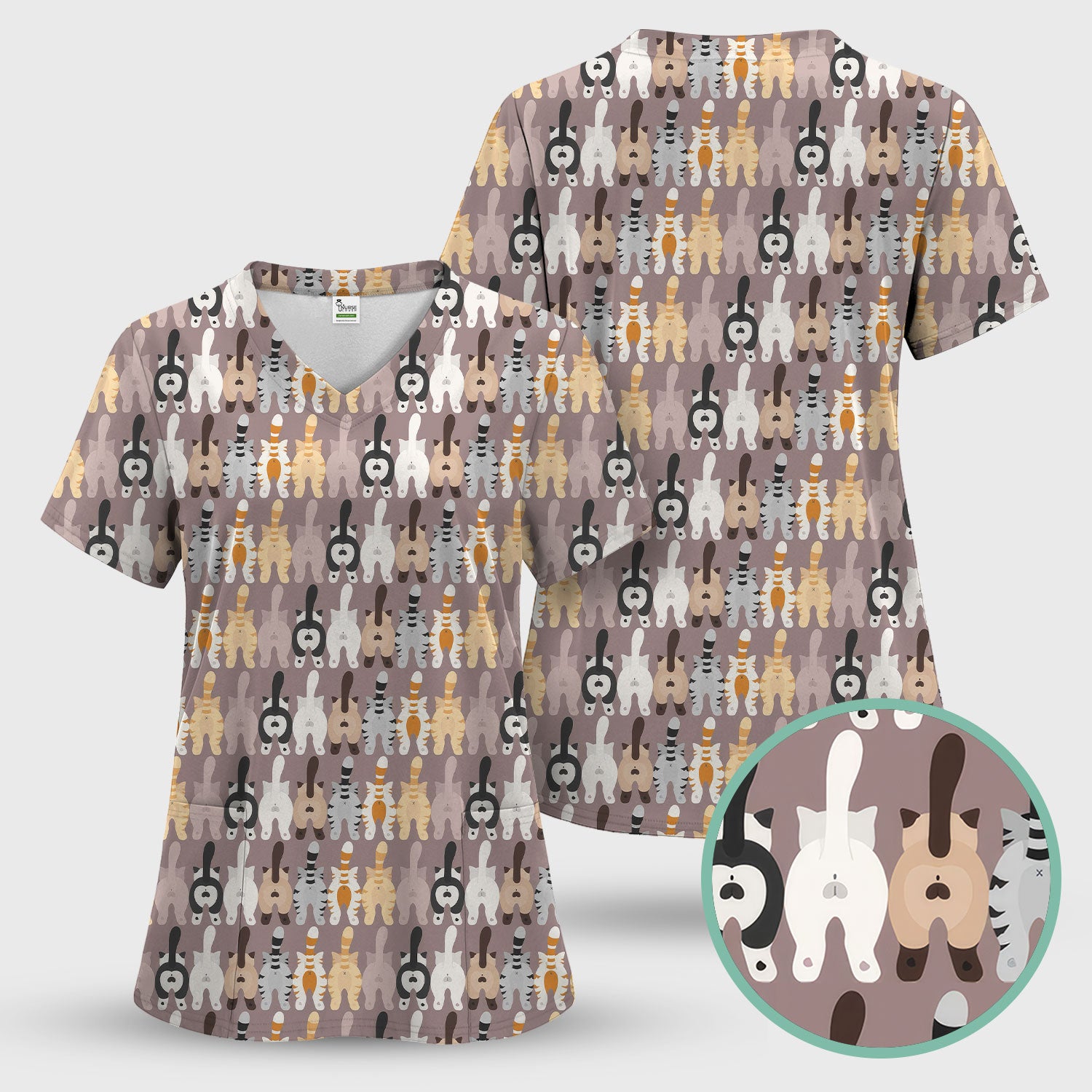 Cute Cat Butt Pattern Scrub Top, Funny Cat Nursing Shirt, Comfortable Scrubs For Nurses