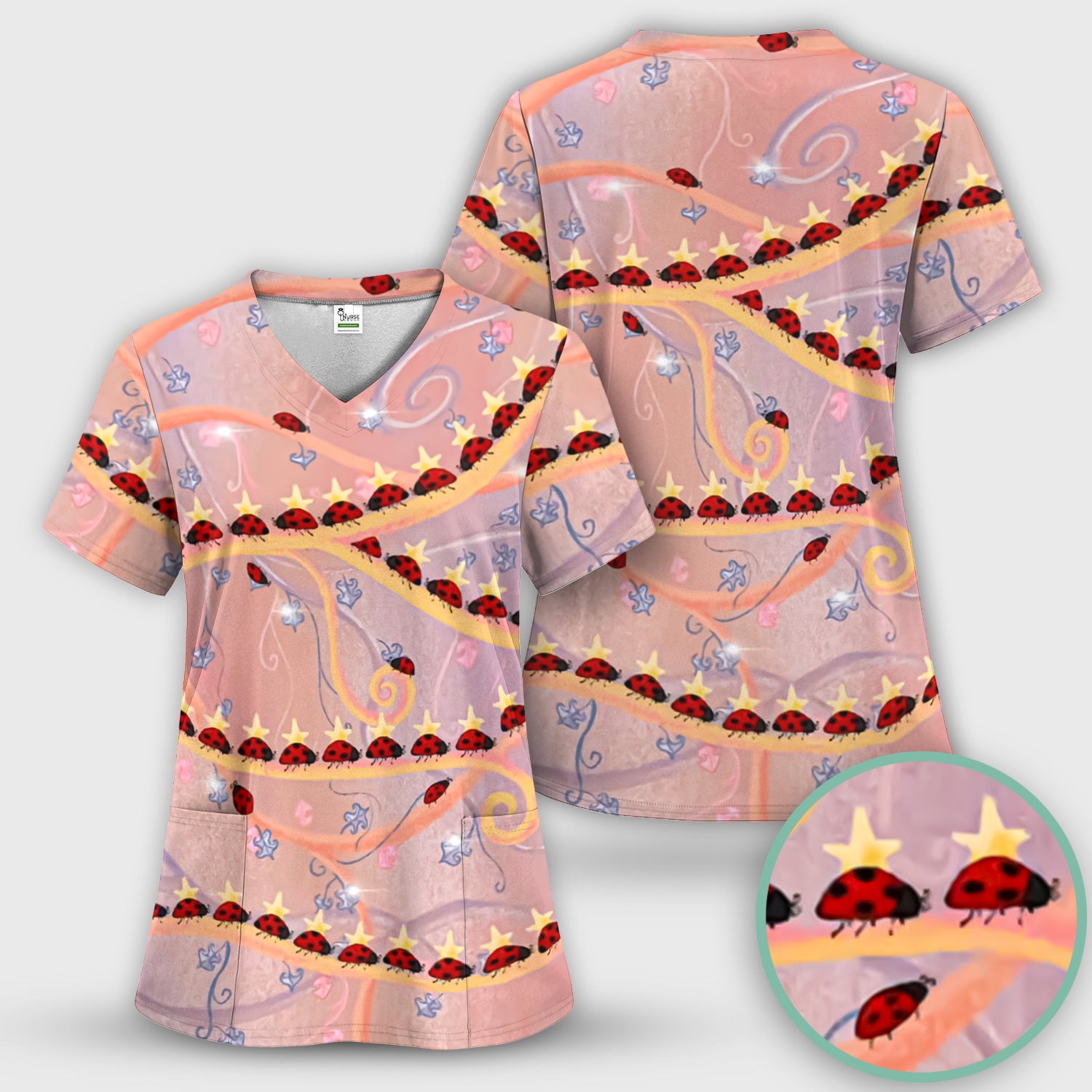 Cute Ladybug Star Vine Swirl Pattern Scrub Top, Comfortable Scrubs for Nurses