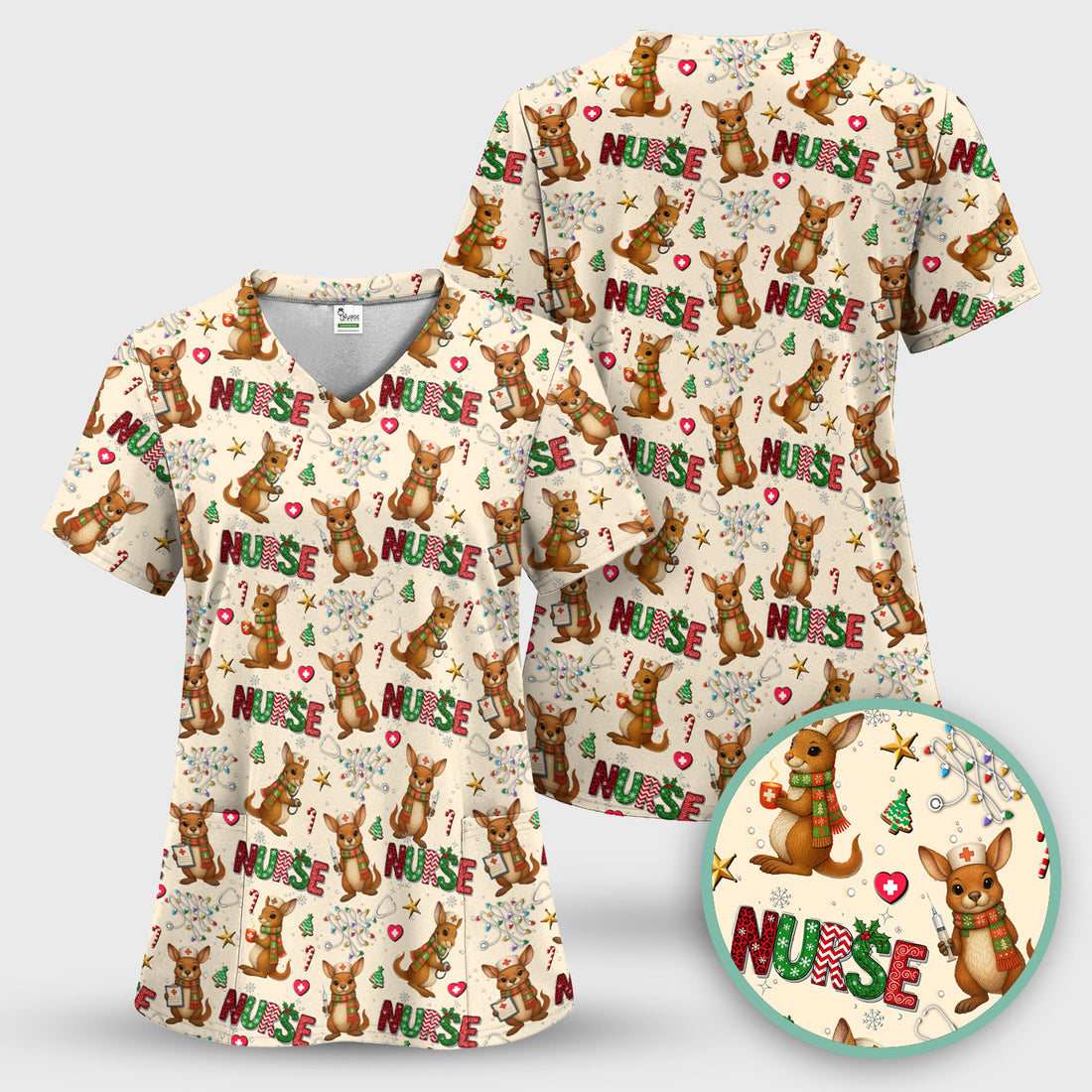 Aussie Kangaroo Christmas Scrub Top - Funny Holiday Nurse Shirt for Women - Cute Animal Medical Uniform