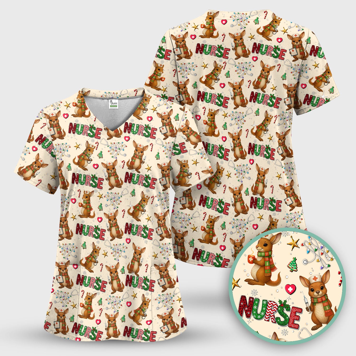 Aussie Kangaroo Christmas Scrub Top - Funny Holiday Nurse Shirt for Women - Cute Animal Medical Uniform