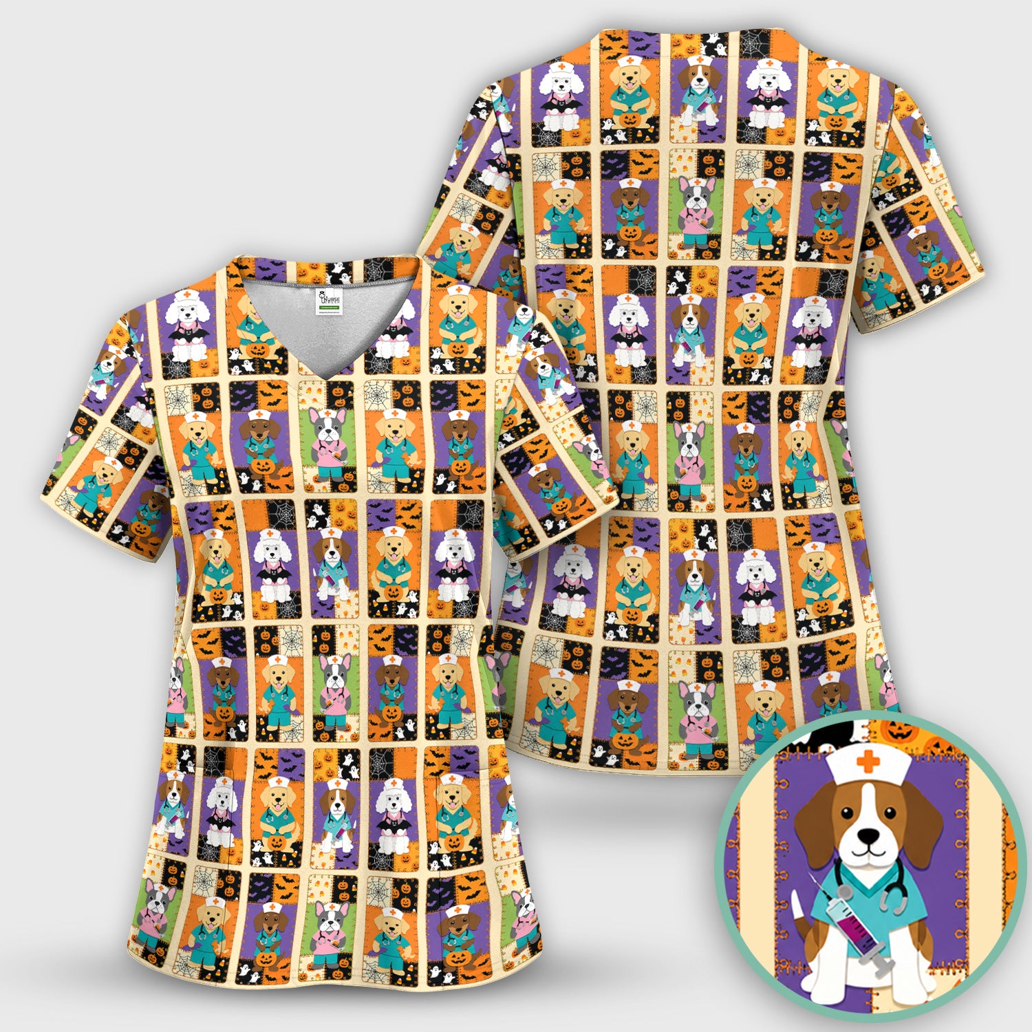 Spooky Halloween Dog Veterinary Scrub Set, Scrub Pants and V Neck Top
