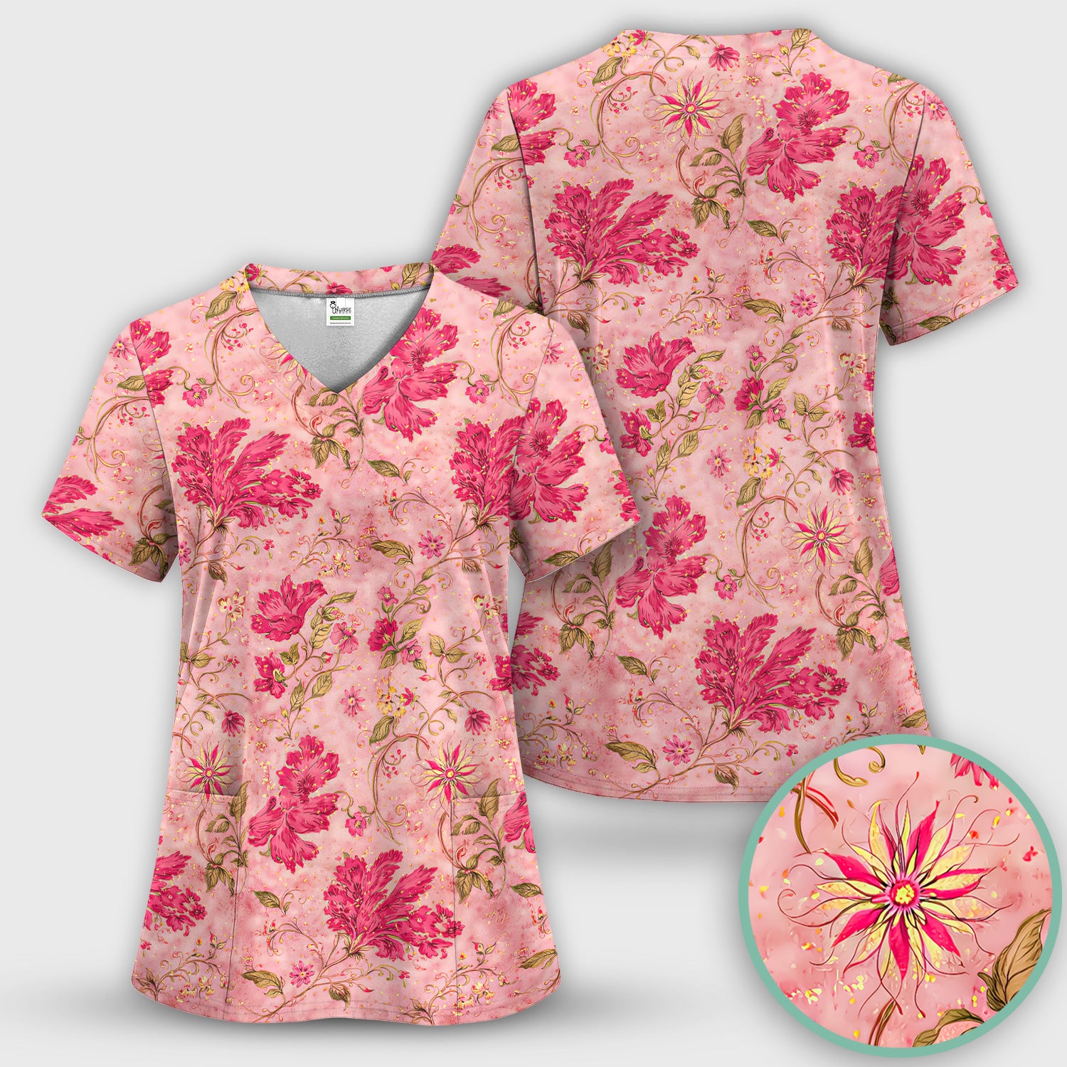 Elegant Pink Floral Vine Pattern Scrub Set, Women's Scrub Sets
