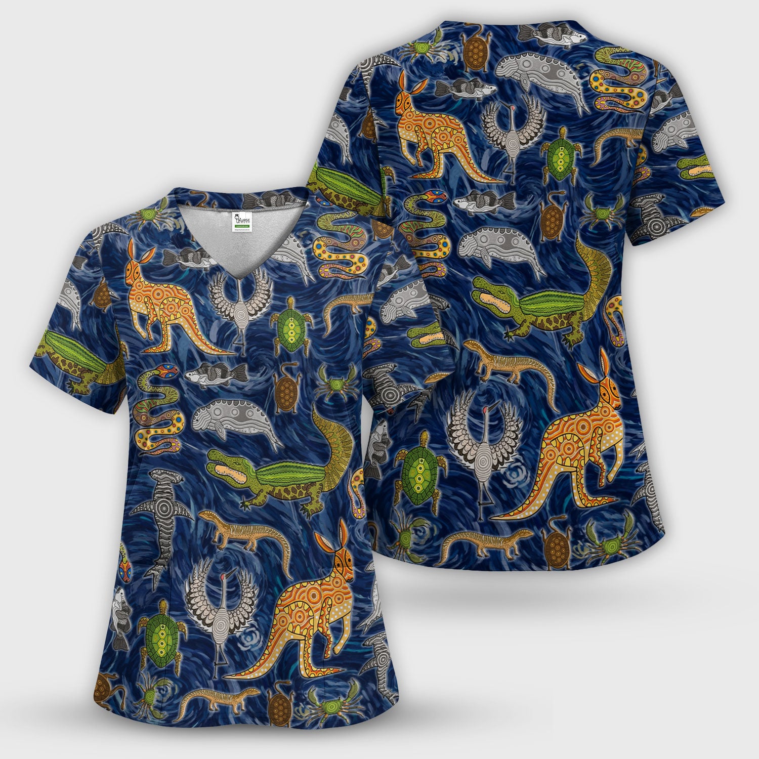 Crocodile Turtle Snake Animal Pattern Scrub Top, Comfortable Scrubs for Nurses