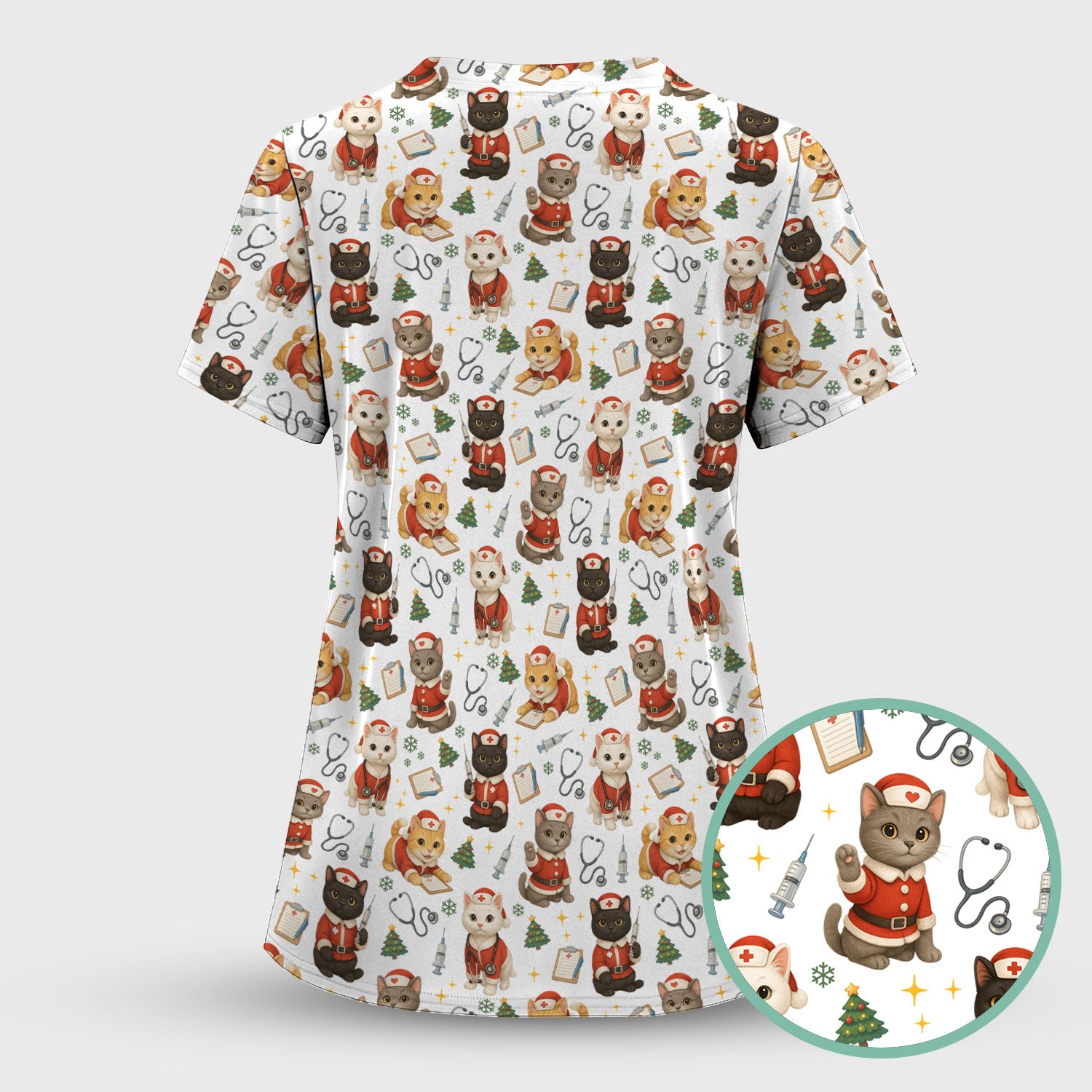 Funny Nurse Scrub Top for Women - Christmas Lucky Cat Design - Cute Holiday Nursing Shirt Gift for RN LPN CNA