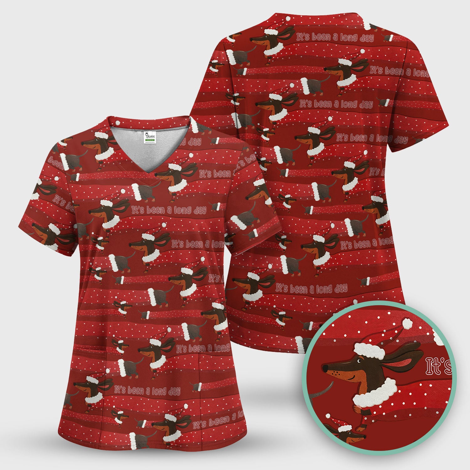 Funny Dachshund Christmas Scrub Top - It's Been a Long Day Shirt - Cute Wiener Dog Holiday Medical Uniform for Women