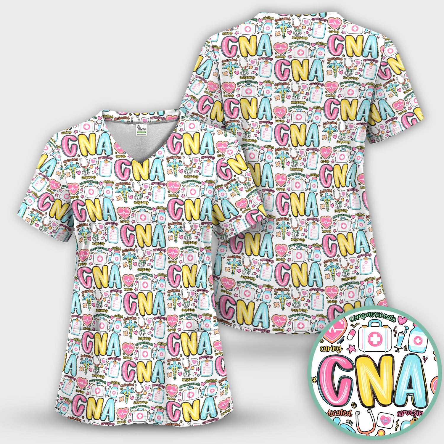 CNA Nurse Appreciation Pattern Scrub Set, Breathable Med Uniform