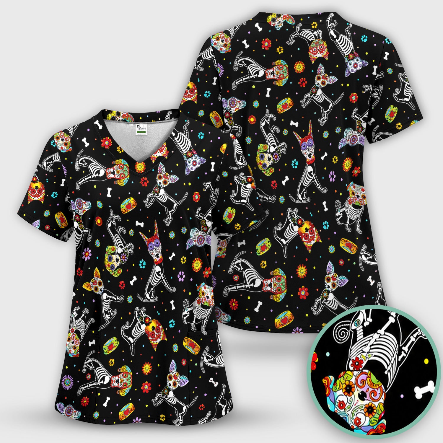 Colorful Day Of The Dead Dogs Scrub Set, Scrub Pants and V Neck Top