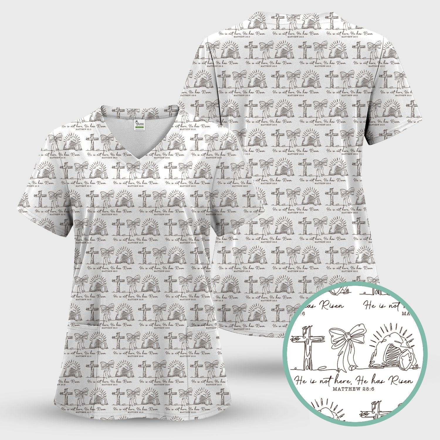 Christian Cross He Is Risen Pattern Scrubs Top, Comfortable Scrubs for Nurses