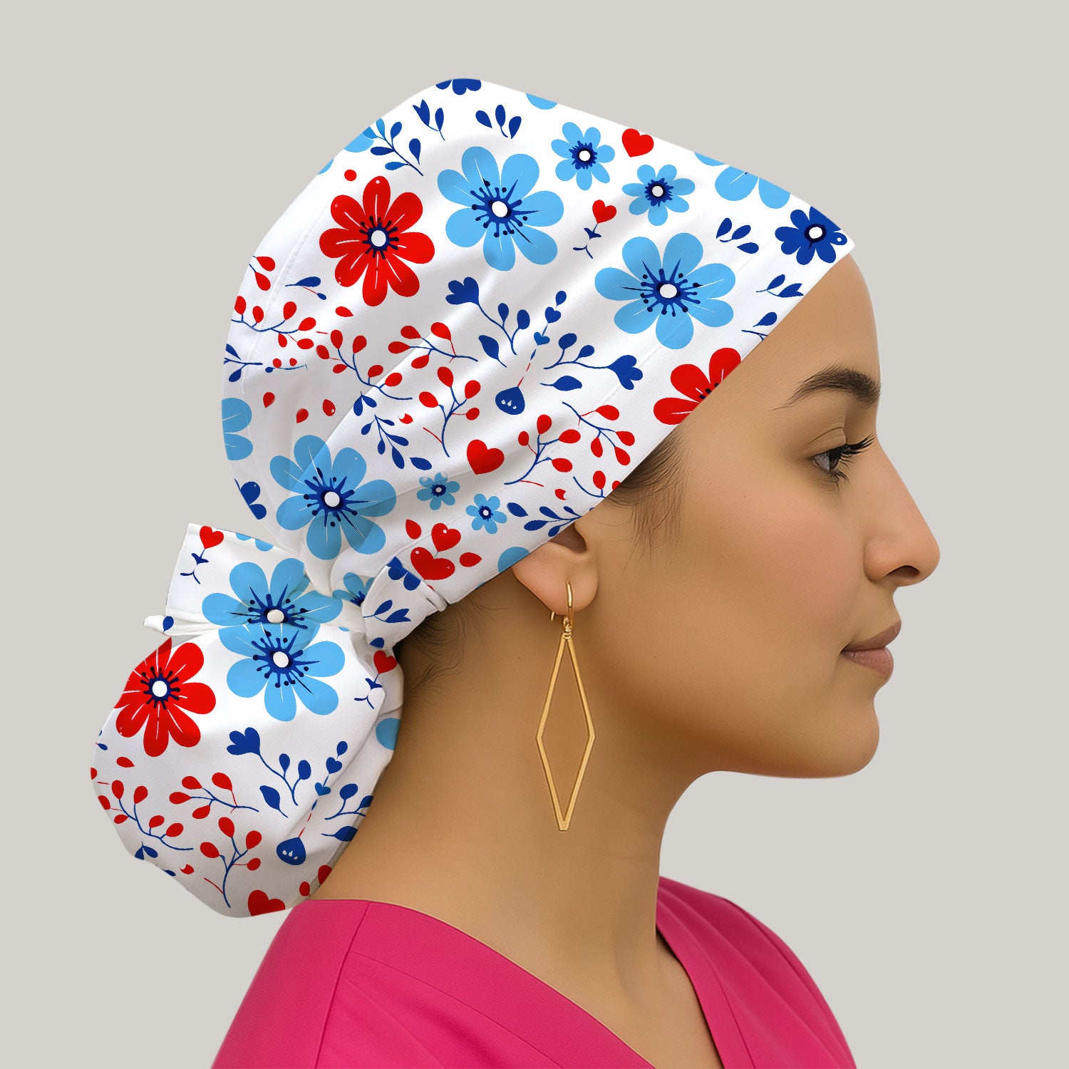 Symmetrical Folk Floral Heart Pattern Pattern Scrub Cap, Breathable Fabrics Caps Uniform