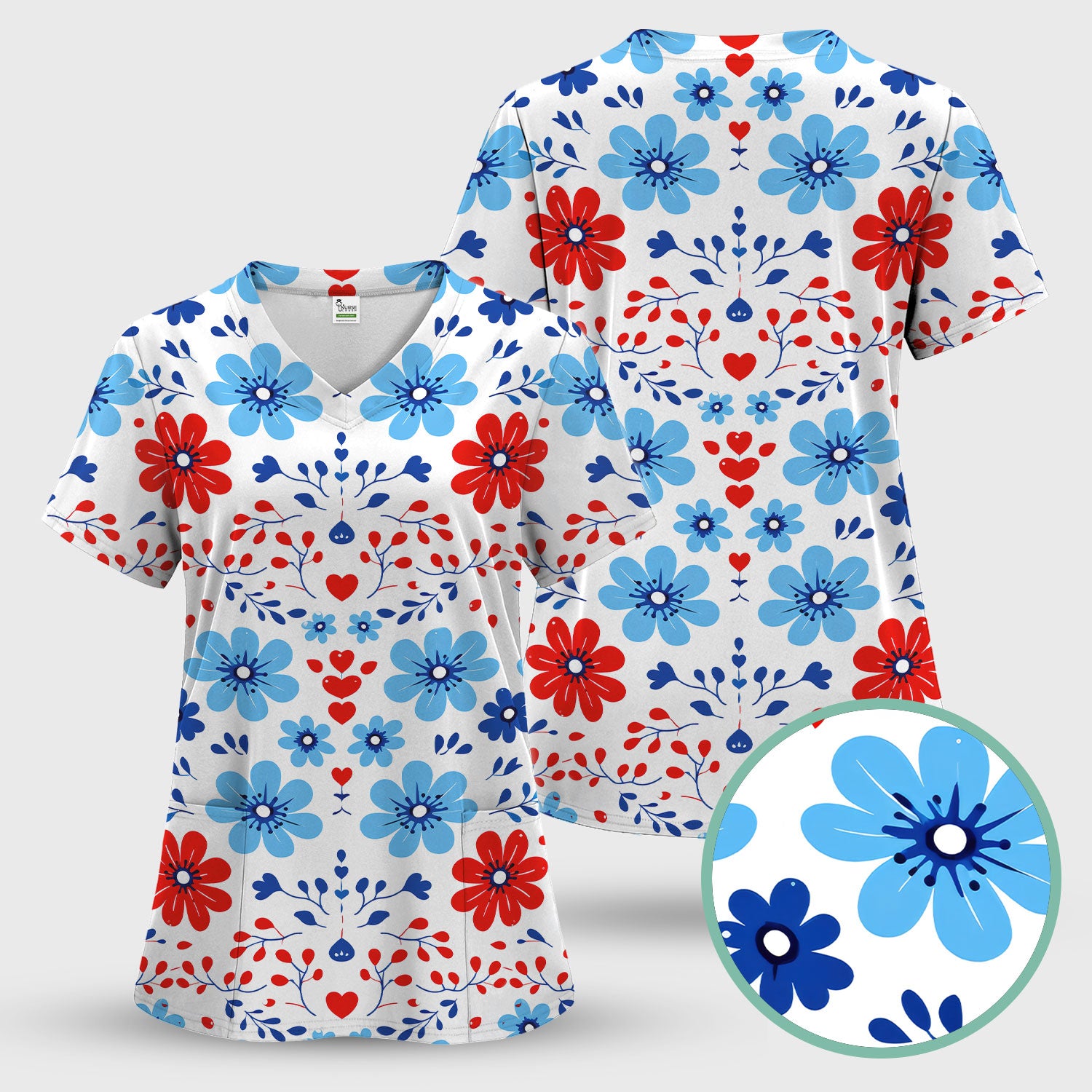 Symmetrical Folk Floral Heart Pattern Scrub Top, Breathable Fabrics Nursing Uniform