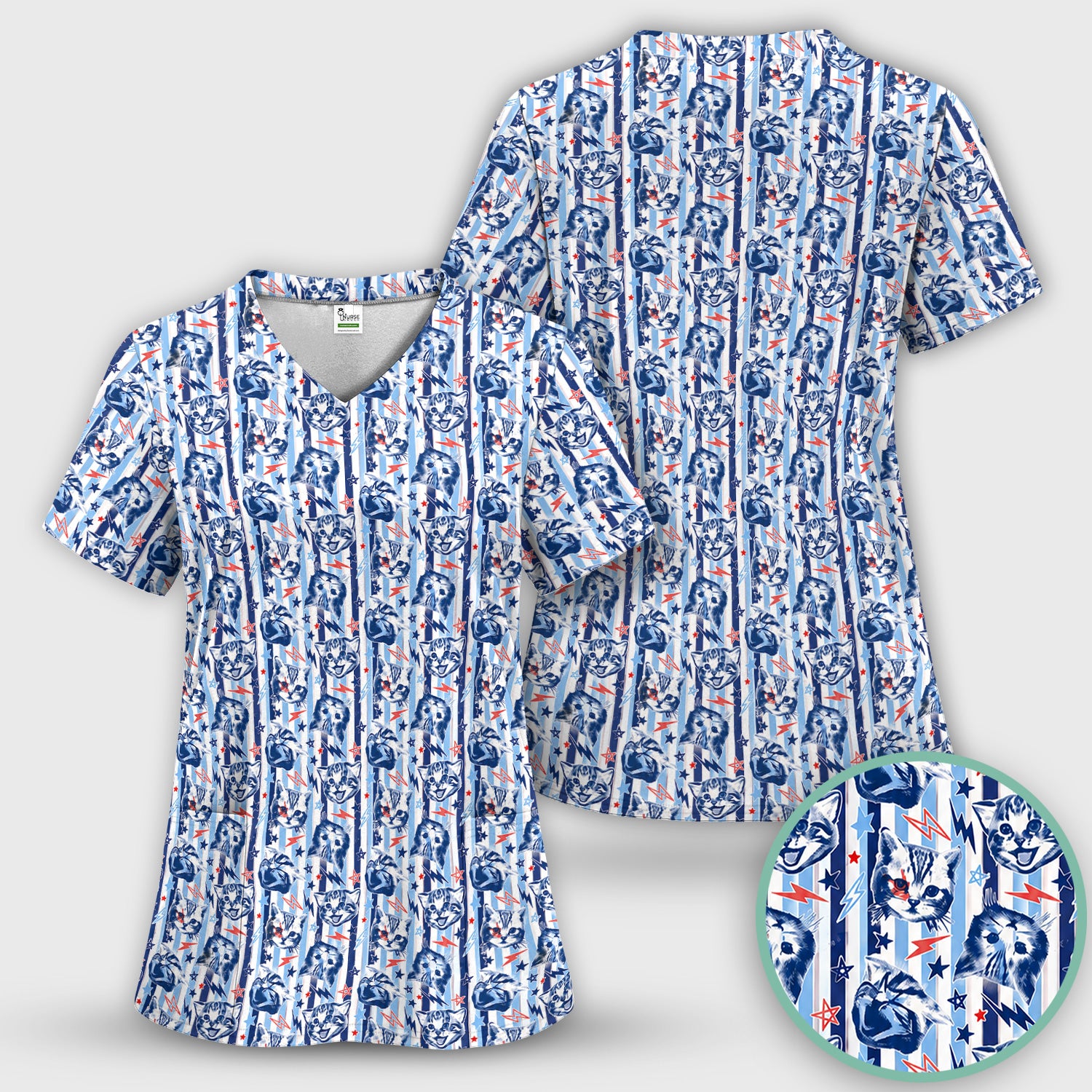 Cute Cat Faces With Lightning Print Scrub Top, Comfortable Scrubs for Nurses