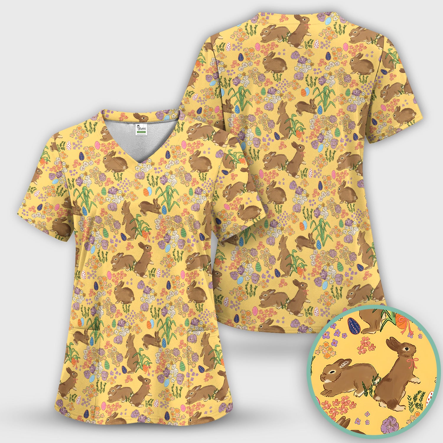 Cute Easter Bunny Pattern Scrub Top, Comfortable Scrubs for Nurses