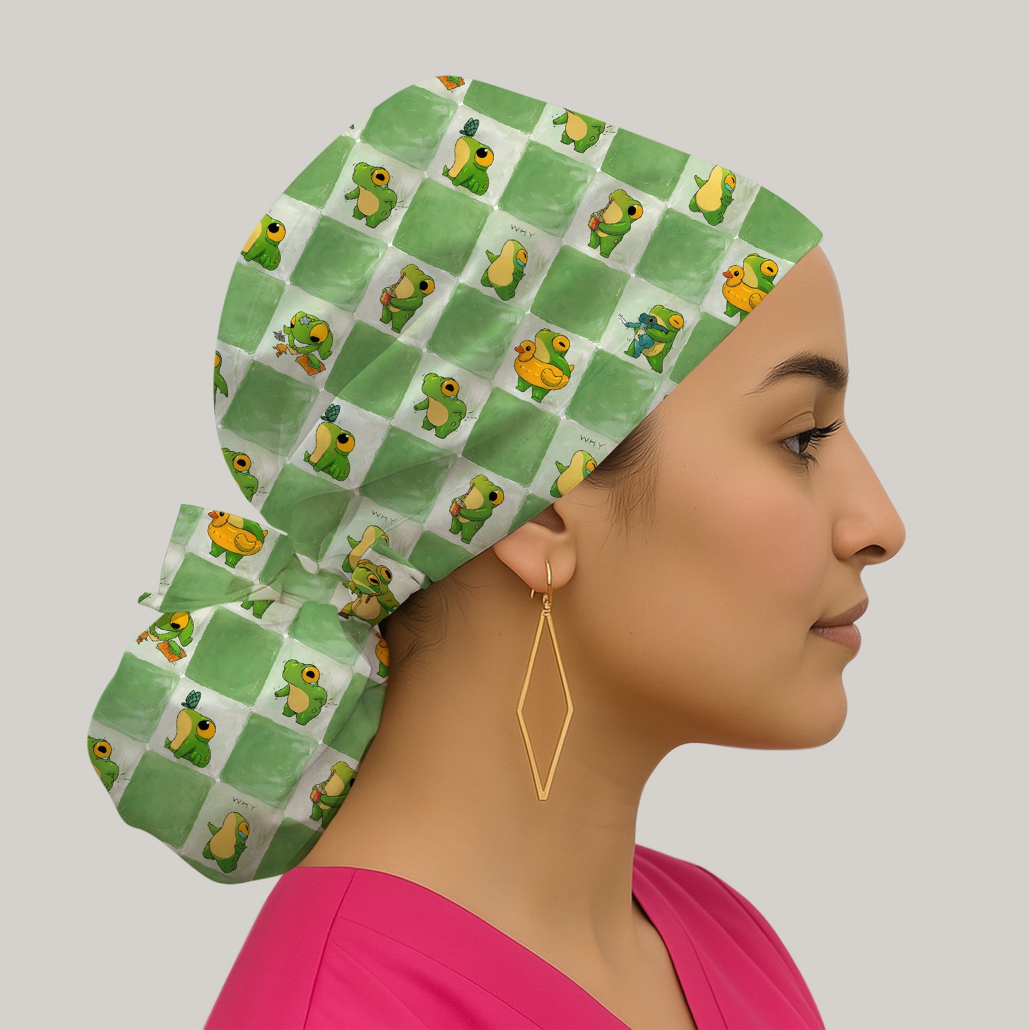 Cute Frog Duck Checkerboard Pattern Scrub Cap, Surgical Caps for Doctors