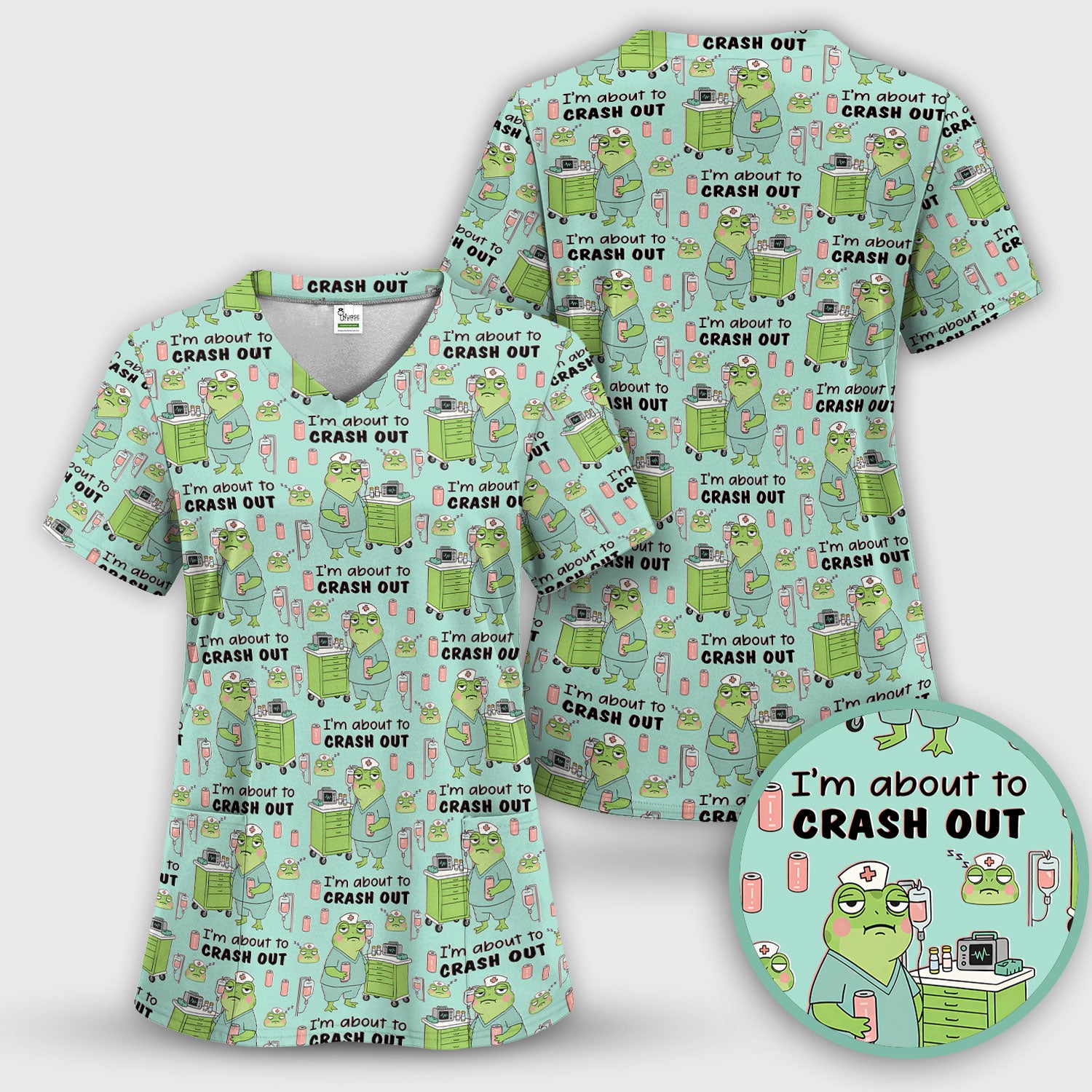 Funny Frog Pattern Nurse Scrub Set, I’m About to Crash Out Nurse Shirt, Breathable Fabrics Nursing Uniform