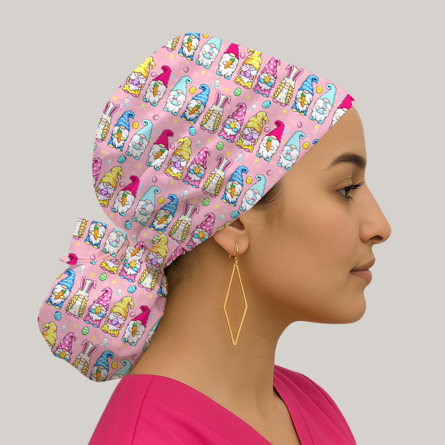 Colorful Easter Gnome Bunny Eggs Pattern Cap, Bouffant Scrub Caps for Women
