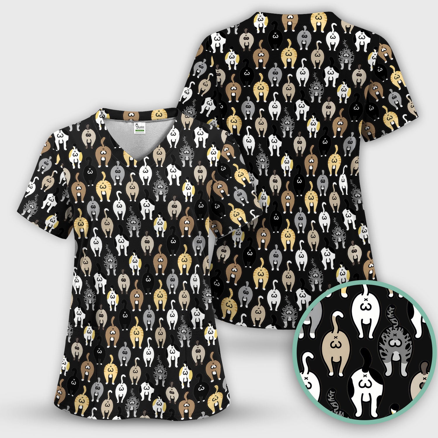 Cat Lover Nurse Scrub Set, Funny Cat Butt Pattern Medical Shirt, Breathable Fabrics Nursing Uniform