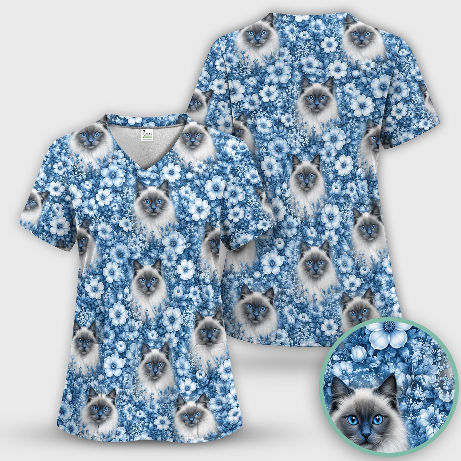 Blue Floral Ragdoll Cat Pattern Scrub Top, Comfortable Scrubs for Nurses