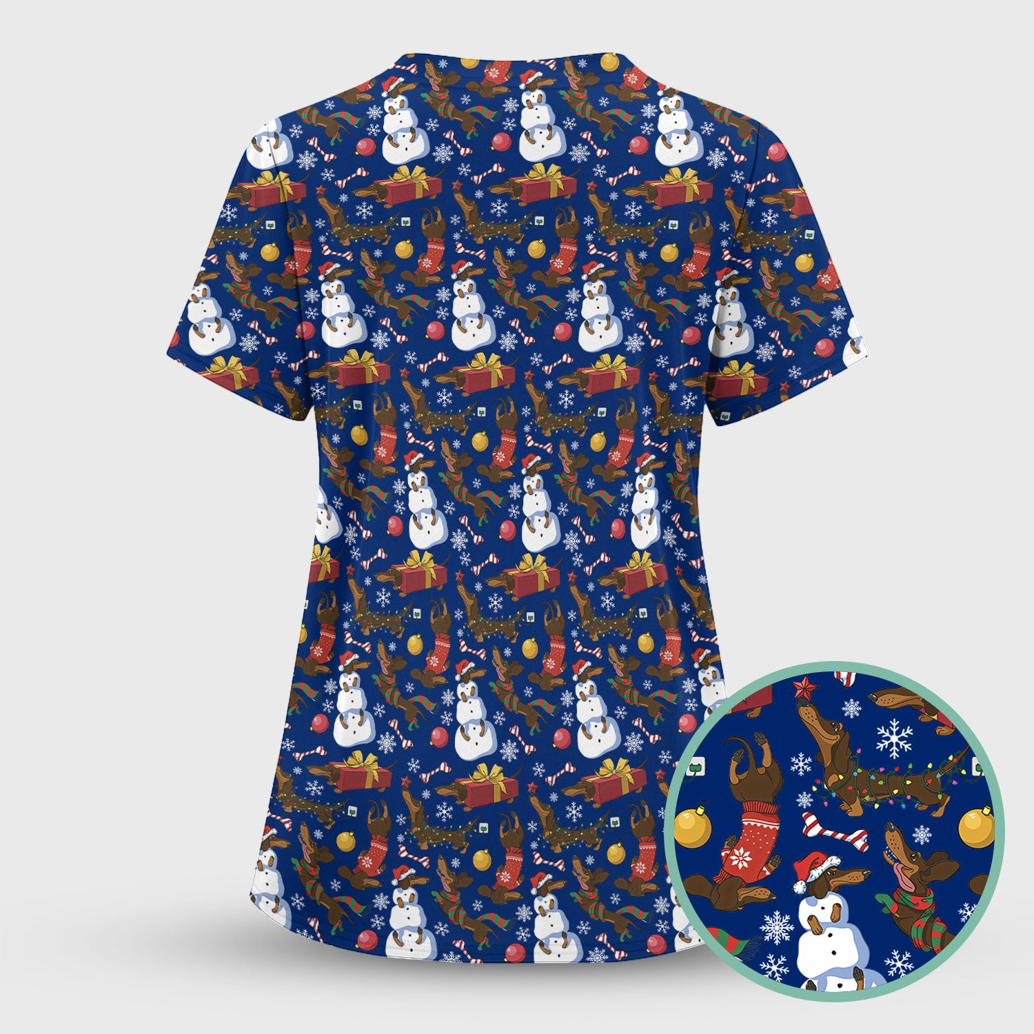 Custom Nurse Scrubs for Women - Christmas Dachshund Dog & Snowman Print - Multi Color Nursing Shirt Holiday Gift for Nurses
