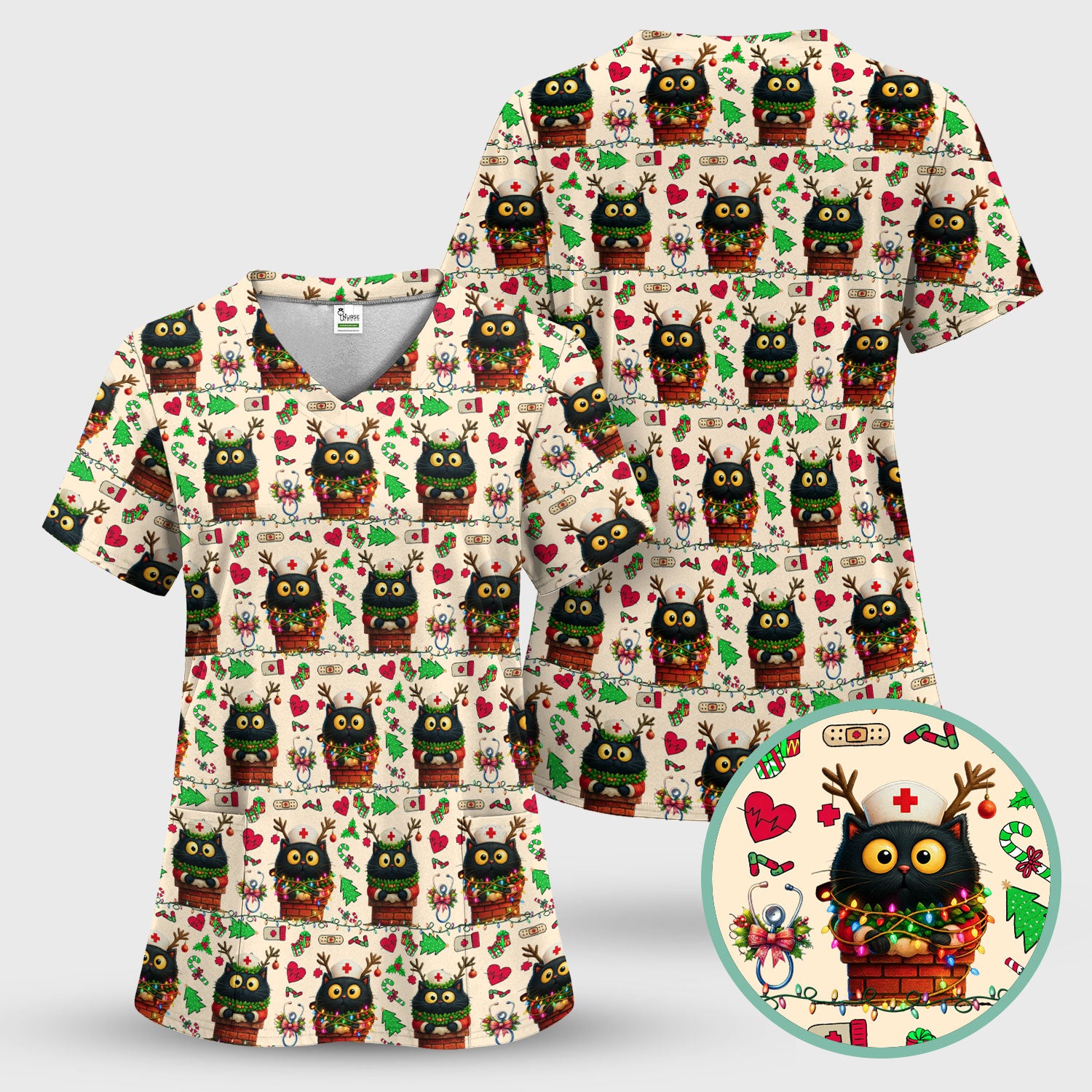 Funny Black Cat Scrub Top for Nurse - Cute Reindeer Cat with Christmas Lights Shirt - Festive Holiday Medical Gift for RN CNA LPN